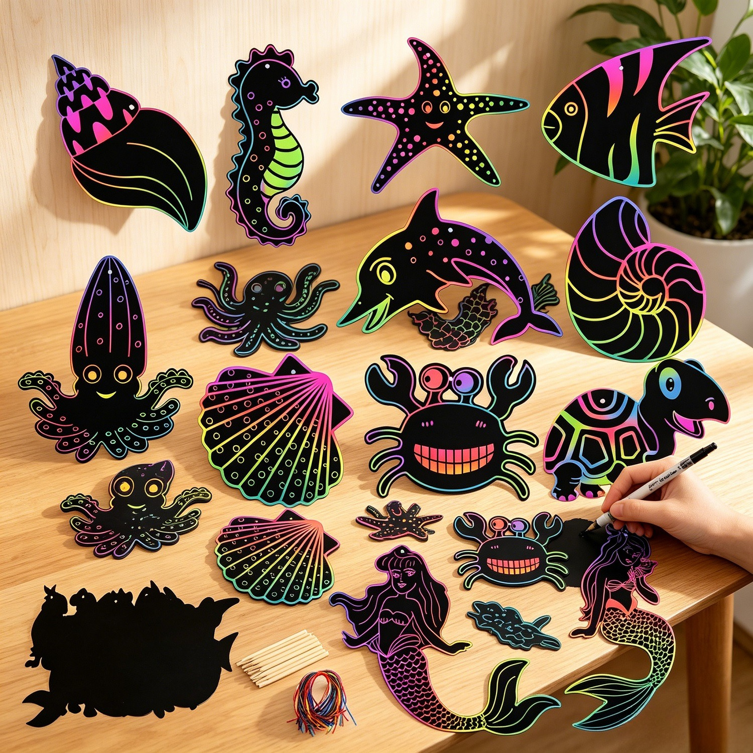 110 Piece Mermaid Scratch Art Set - 48 Scratch Art Pictures In 12 Designs, 12 Wooden Sticks, 50 Ribbons - Creative Craft Kit Party Accessory Set