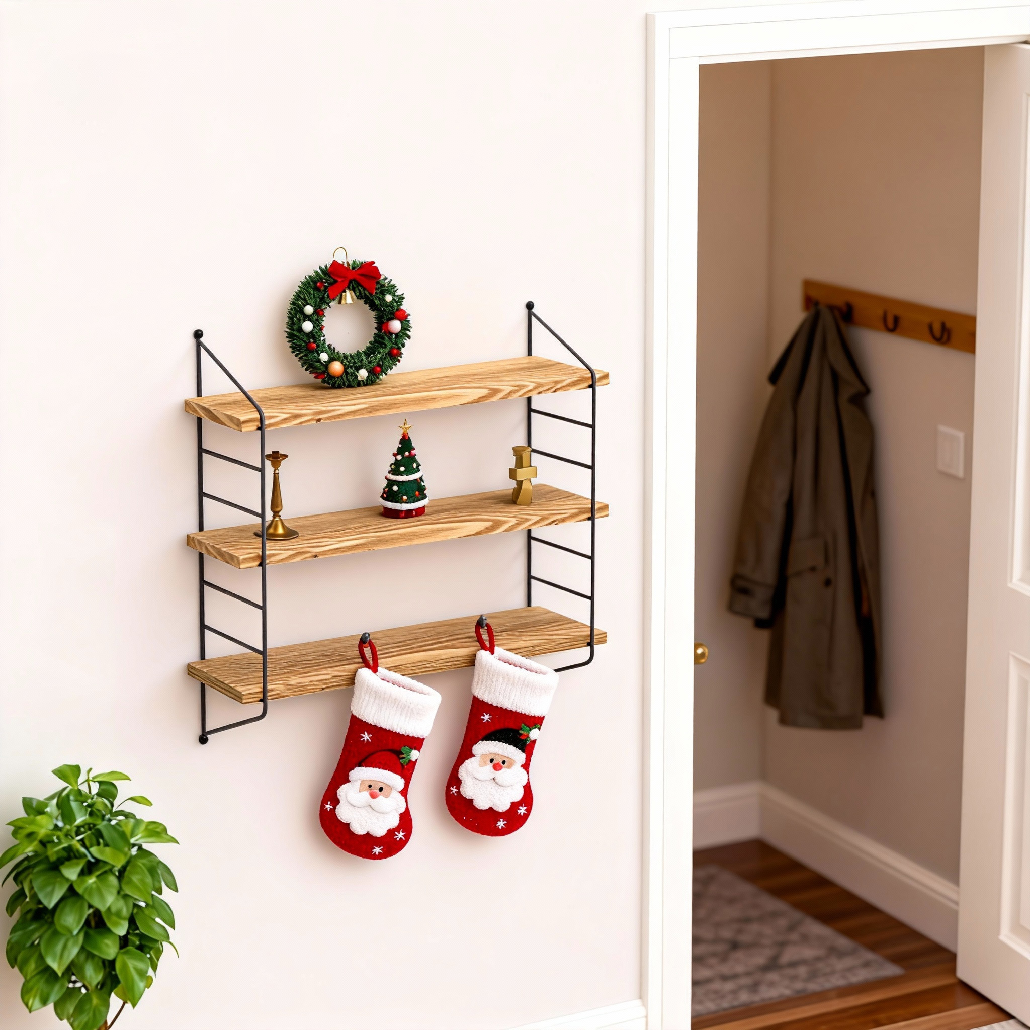 Image of 3 Tier Wall-mounted Shelf Wood Floating Display Rack Hanging Storage Shelves, Wood And Metal Frame, Wall Shelf Storage Rack Holder Rack For Living Room, Bedroom, Bathroom, Kitchen, Office