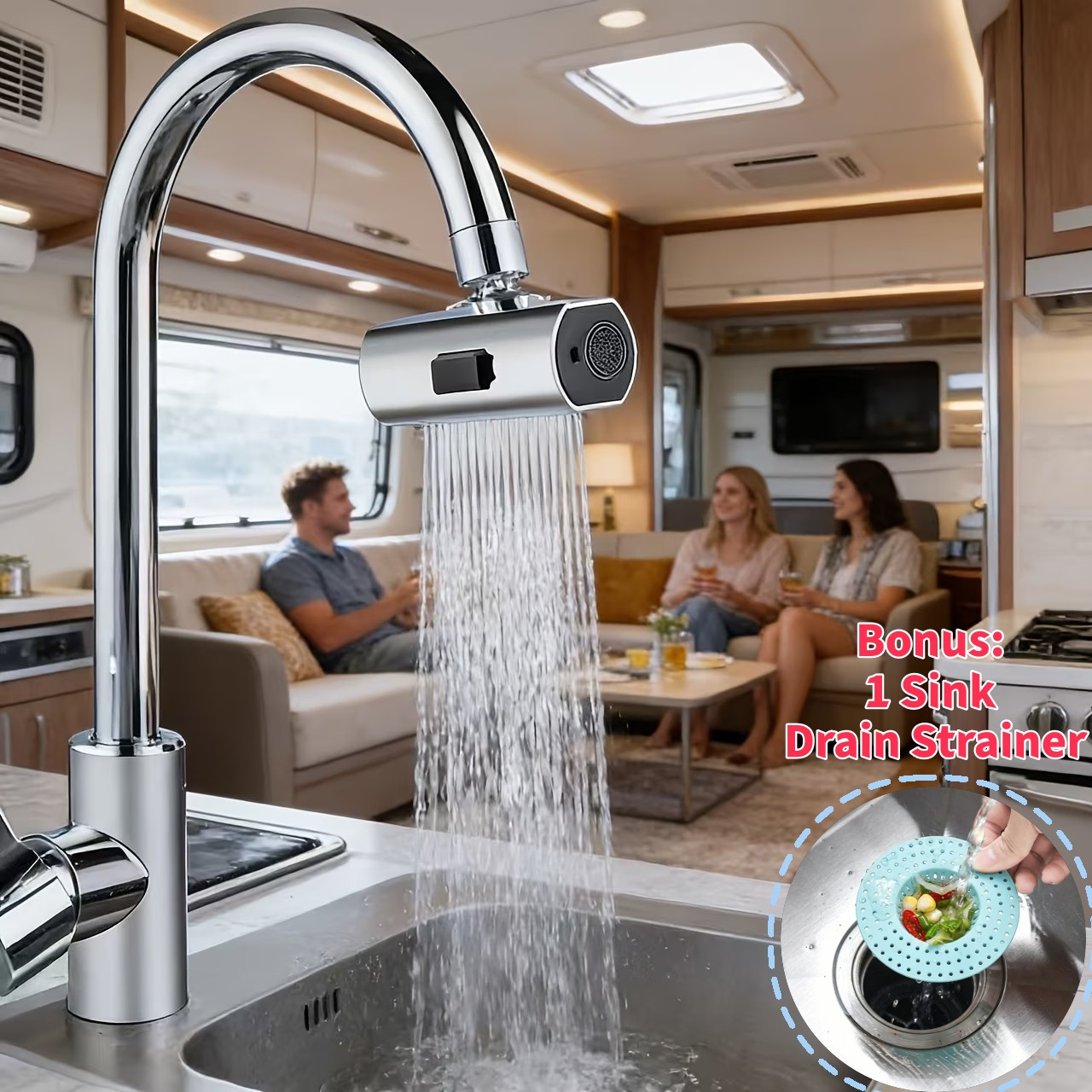 TEMU 2pcs Set (1pc Multi-functional Rv Kitchen Faucet Aerator Adapter + Bonus 1pc Sink Strainer), 3 Adjustable Water Saving Tap Sprayer, 360°