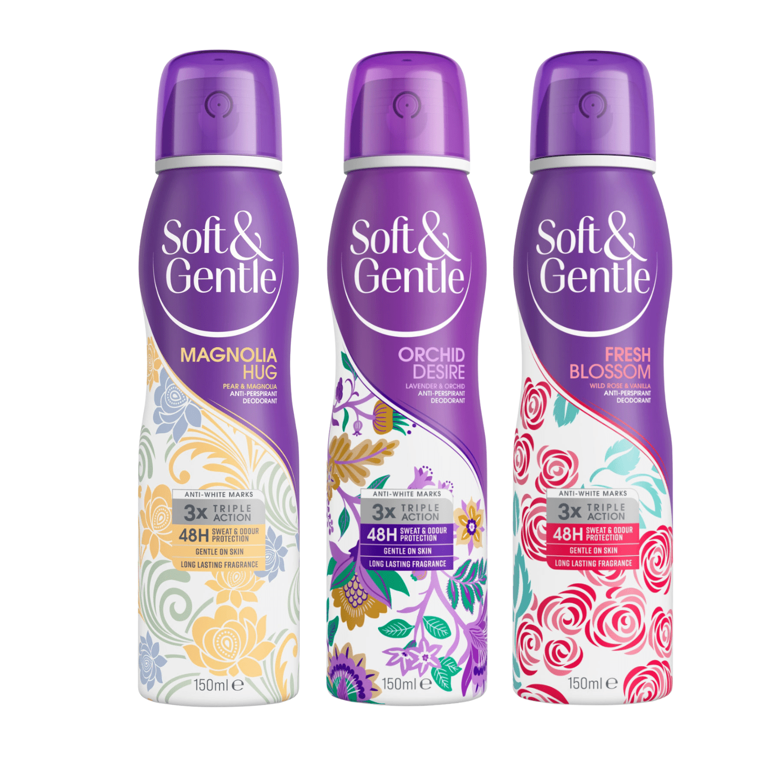 TEMU Women's Anti-perspirant Deodorant Spray Gift Set 3 X 150ml Fresh Magnolia Hug Orchid Desire Long Lasting Floral Fragrance Bundle Sweat & Odour