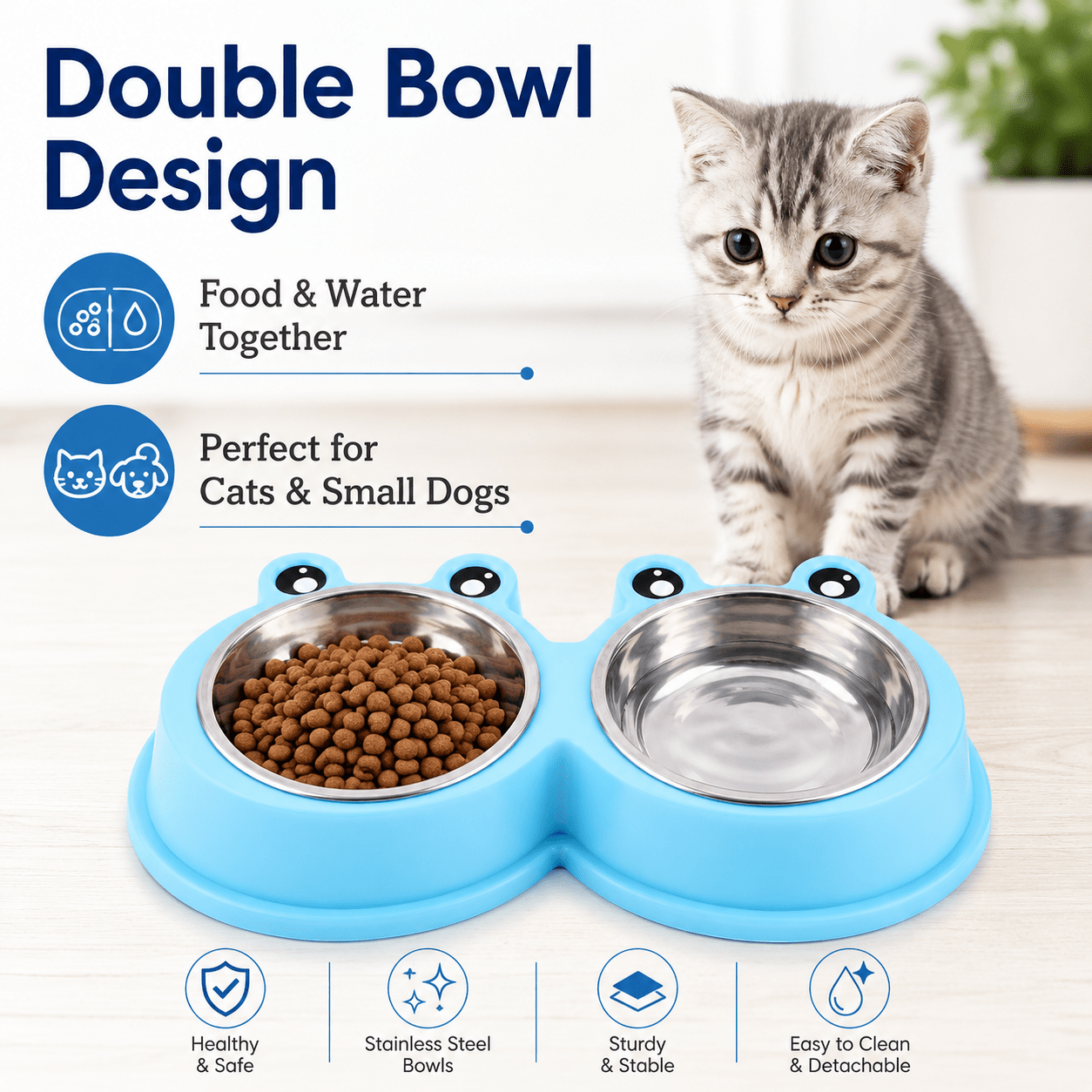 Image of Double Stainless Steel Pet Food Bowl, Frog-shaped, Non-slip And Tip-over Resistant, Detachable And Easy To Clean, Suitable For Wet And Dry Feeding, Universal Pet Tableware For Small Dogs And Cats.