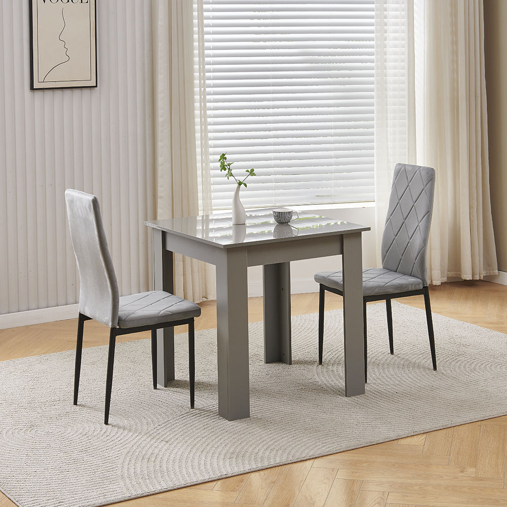 Image of 3 Pieces Wooden Dining Table Set, 75cm Grey Square Kitchen Table With 2 Chairs, Modern Dining Room Furniture For Small Spaces, Wooden, Glossing Tabletop