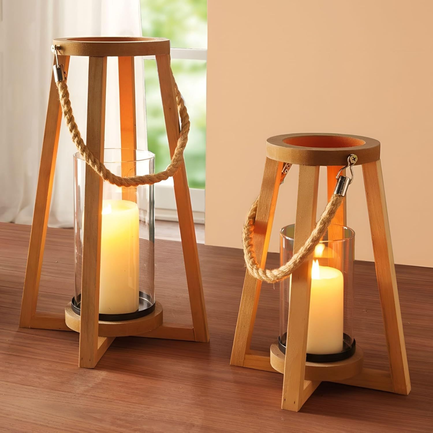 Image of 2x "conical" Wooden Lanterns, Natural, Candle Holders, Windproof Lanterns, Hanging Lanterns