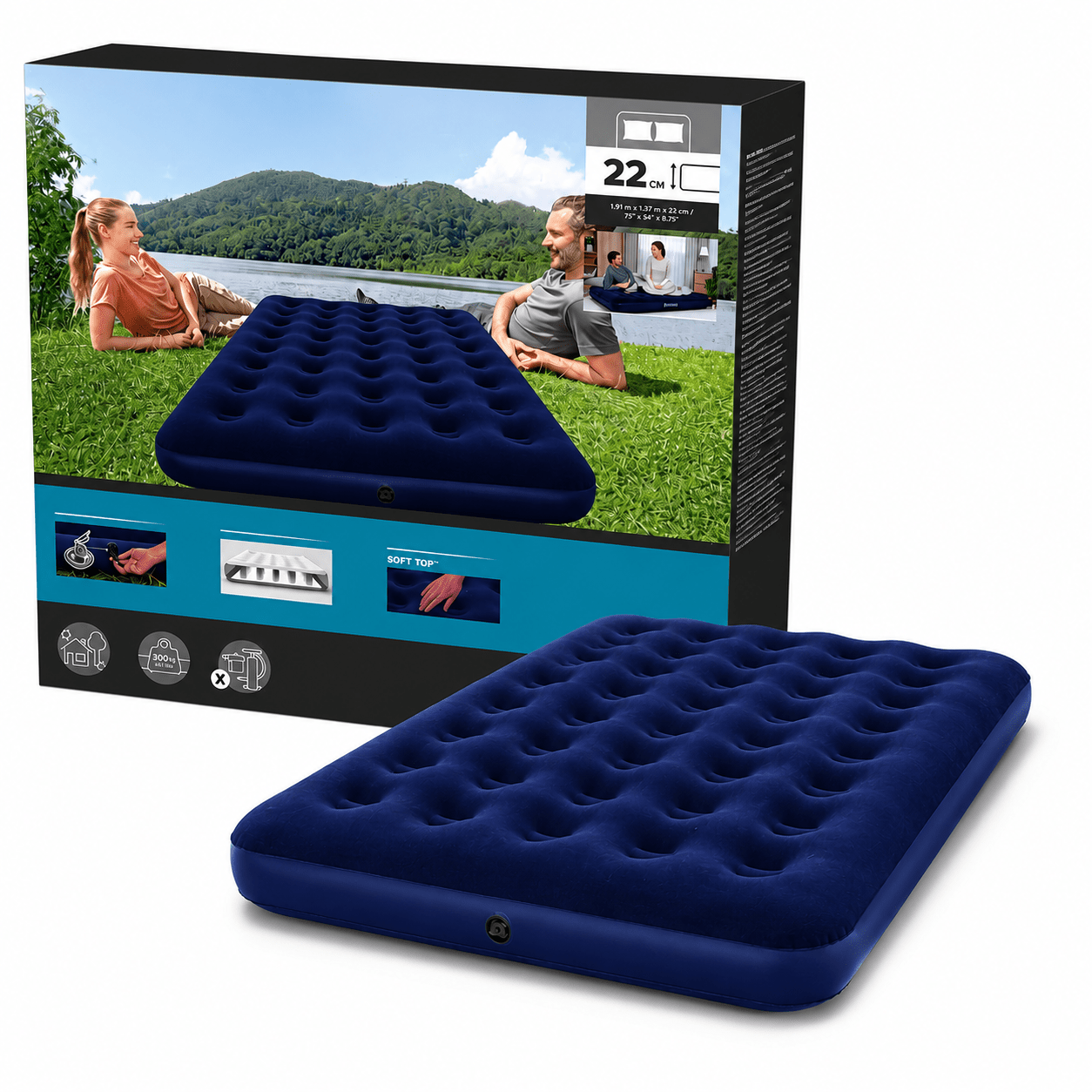 TEMU Colchón Inflable para 191X137X22 Cm - Aterciopelado, Capacidad de 300 Kg, Ideal para Camping y Huéspedes