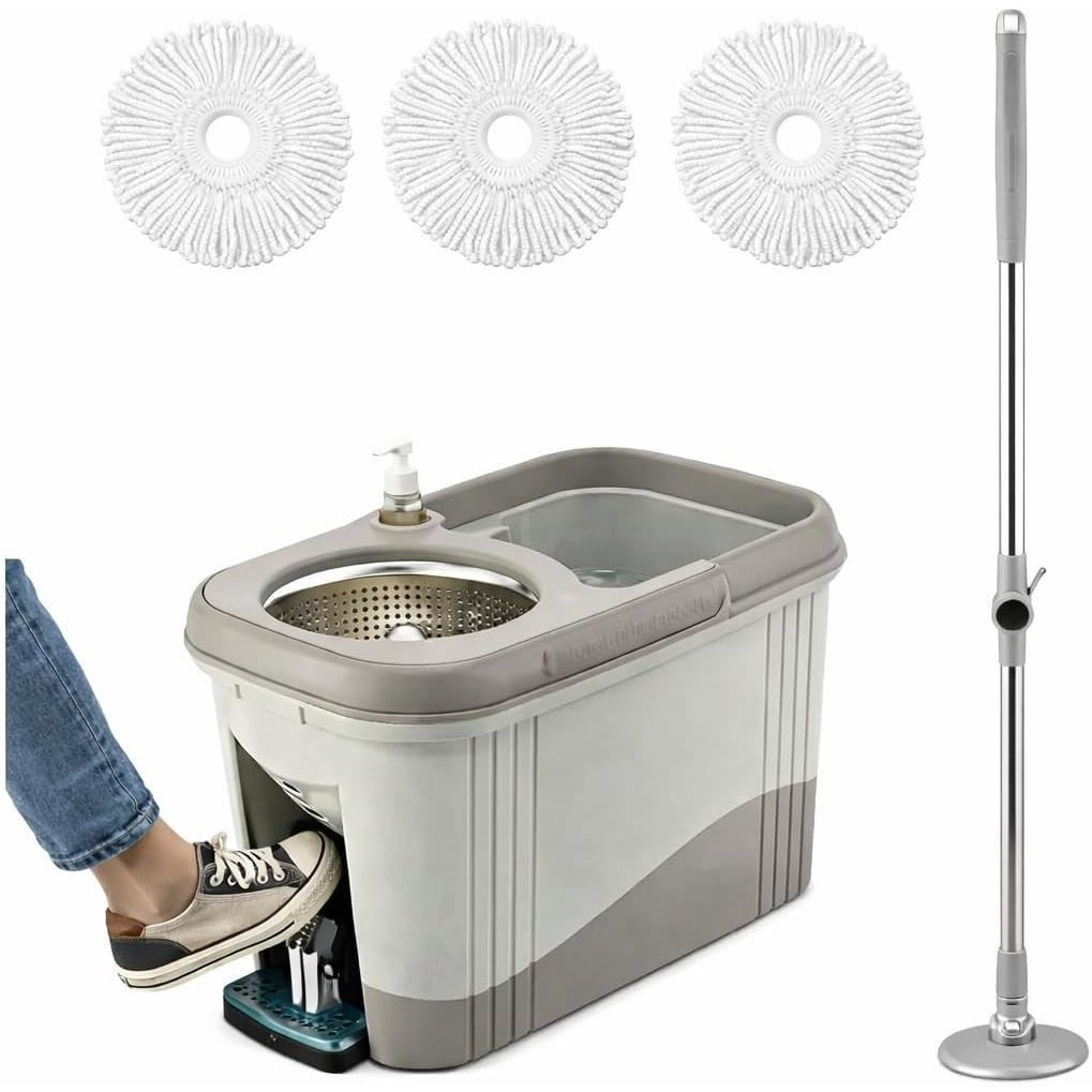 TEMU Mop And Bucket Set With Foot Pedal, Adjustable Handle, 3 Microfibre Mop Heads & 1 Liquid Bottle, All-surface Hard Floor Cleaning System, 360°