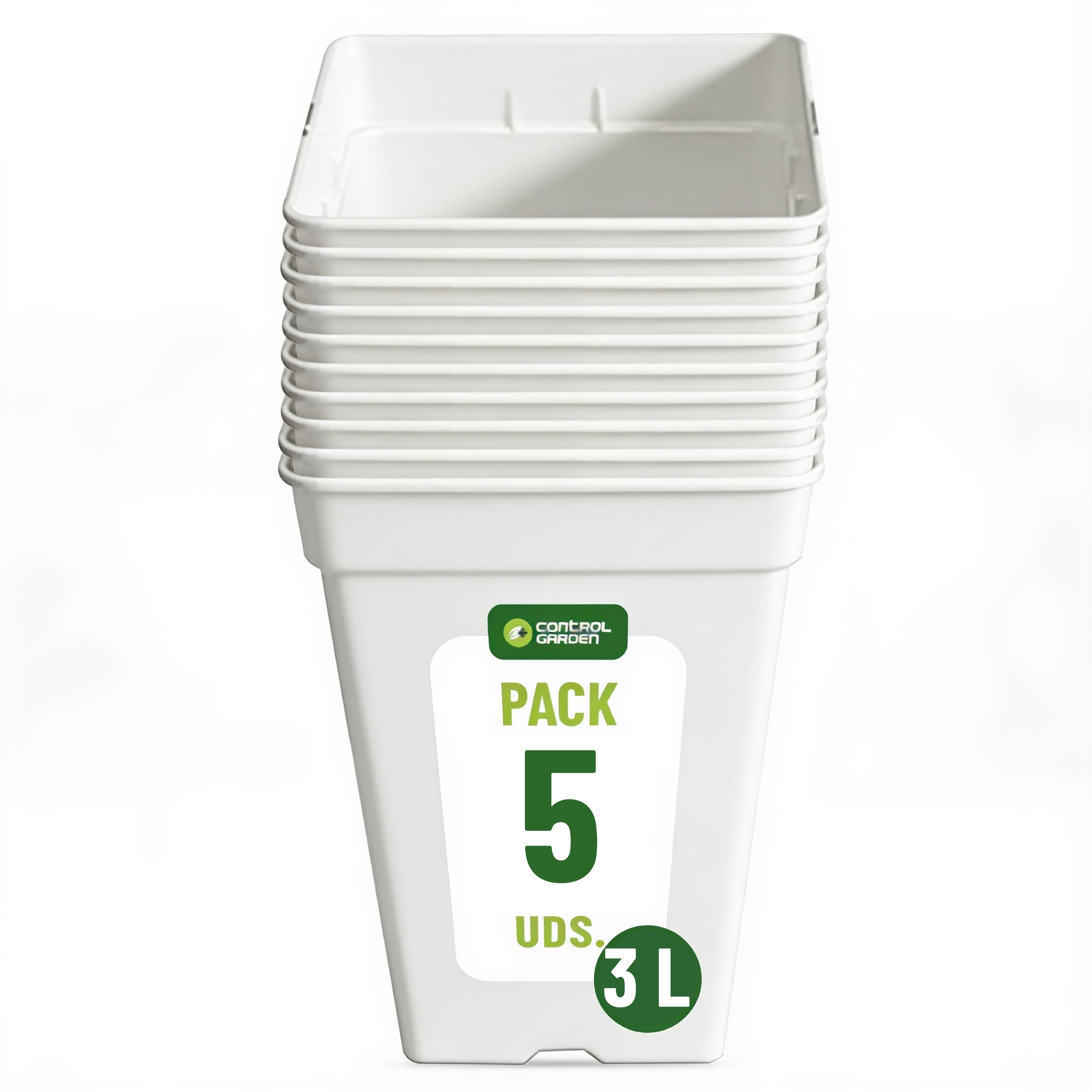 TEMU Pack de 5 Cuadrada 3 Litros Control | Macetero Plástico Reciclado 15x20 cm para Plantas de Interior y Exterior, Semillas y Cultivo | Drenaje