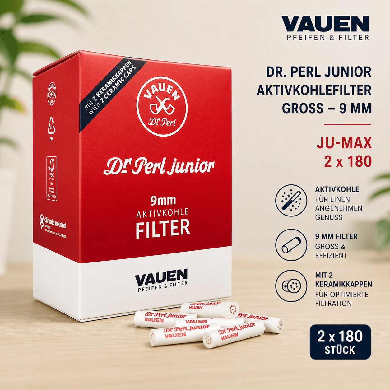Image of Dr. Perl Junior Activated Carbon Filters, 2 X 180 Pieces , Vauen Pipe Filters With 2 Ceramic Caps, Large Format Filters For Pipes
