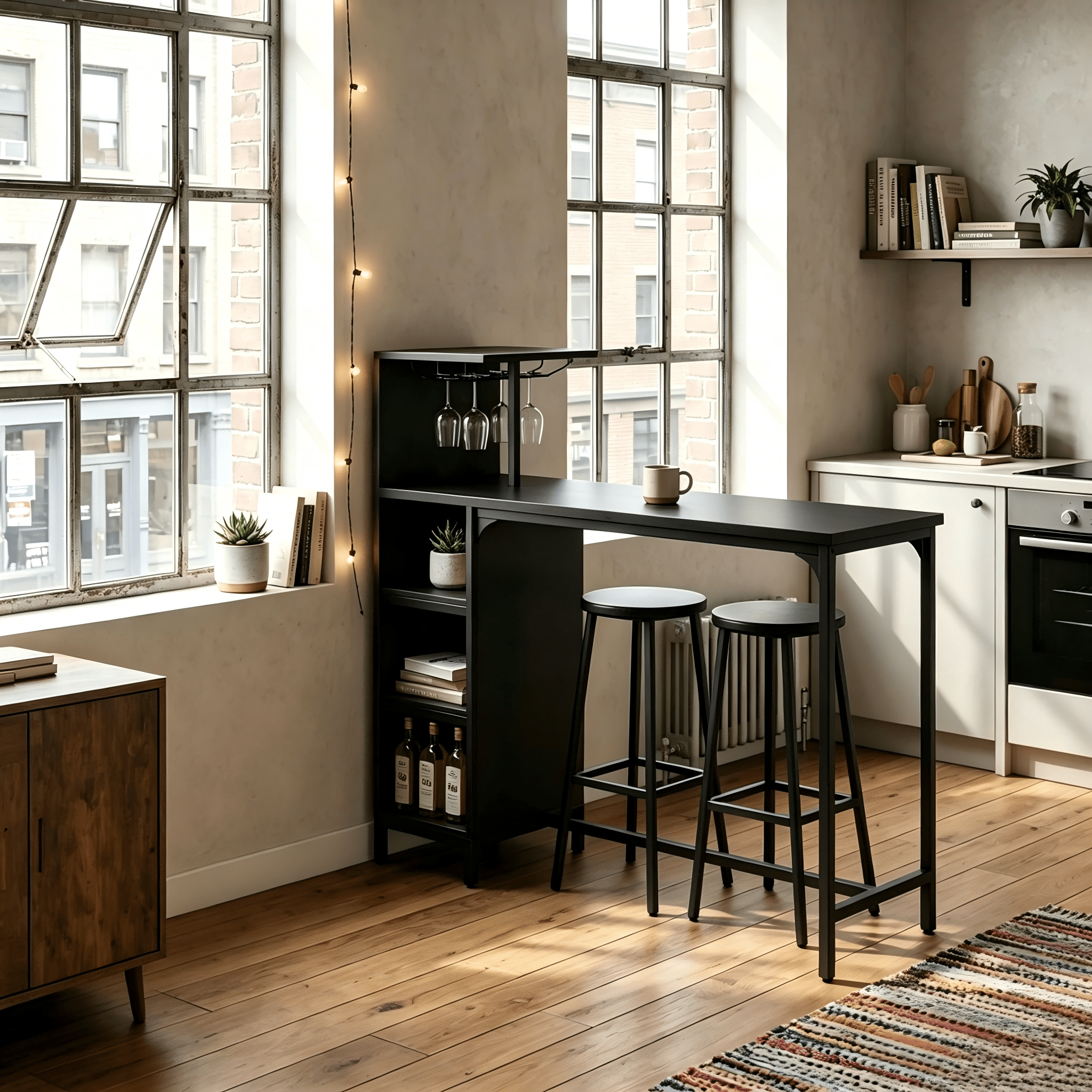 Image of Bar Table Set With 2 Bar Stools | 120 × 40 × 90 Cm | Including Wine Glass Holder | Ideal For Small Apartments & Restaurants | Black/brown