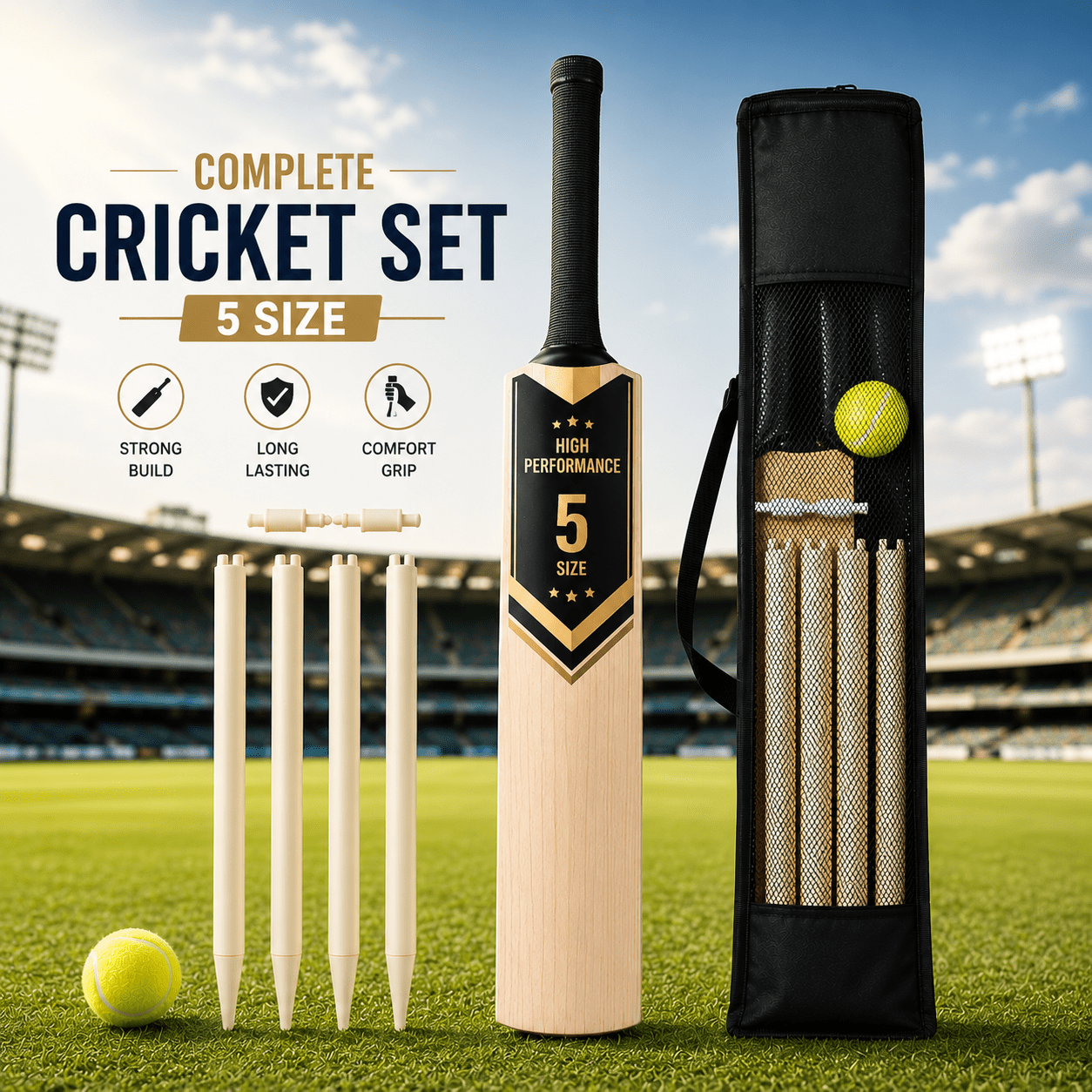 TEMU Cricket Set Size 5 Complete Outdoor Game Kit, Lightweight Bat Ball And Set For Garden, Beach And Training Practice Sports Equipment