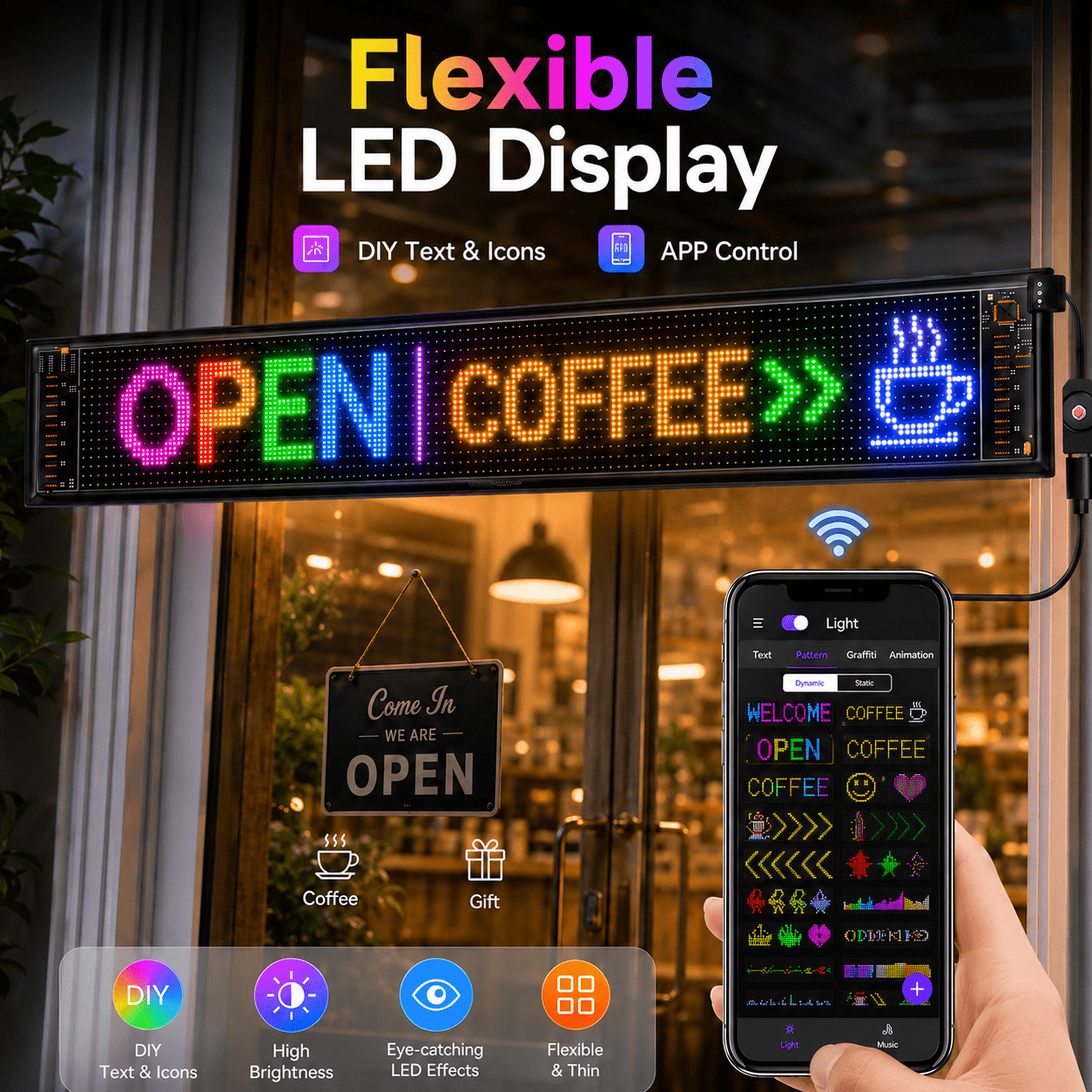 Rgbic Programmable Scrolling Led Store Sign, Diy Texts Or Patterns & Animations, Timer And Music , Usb Flexible Digital Advertising Panel For Business Party Birthday Decorations