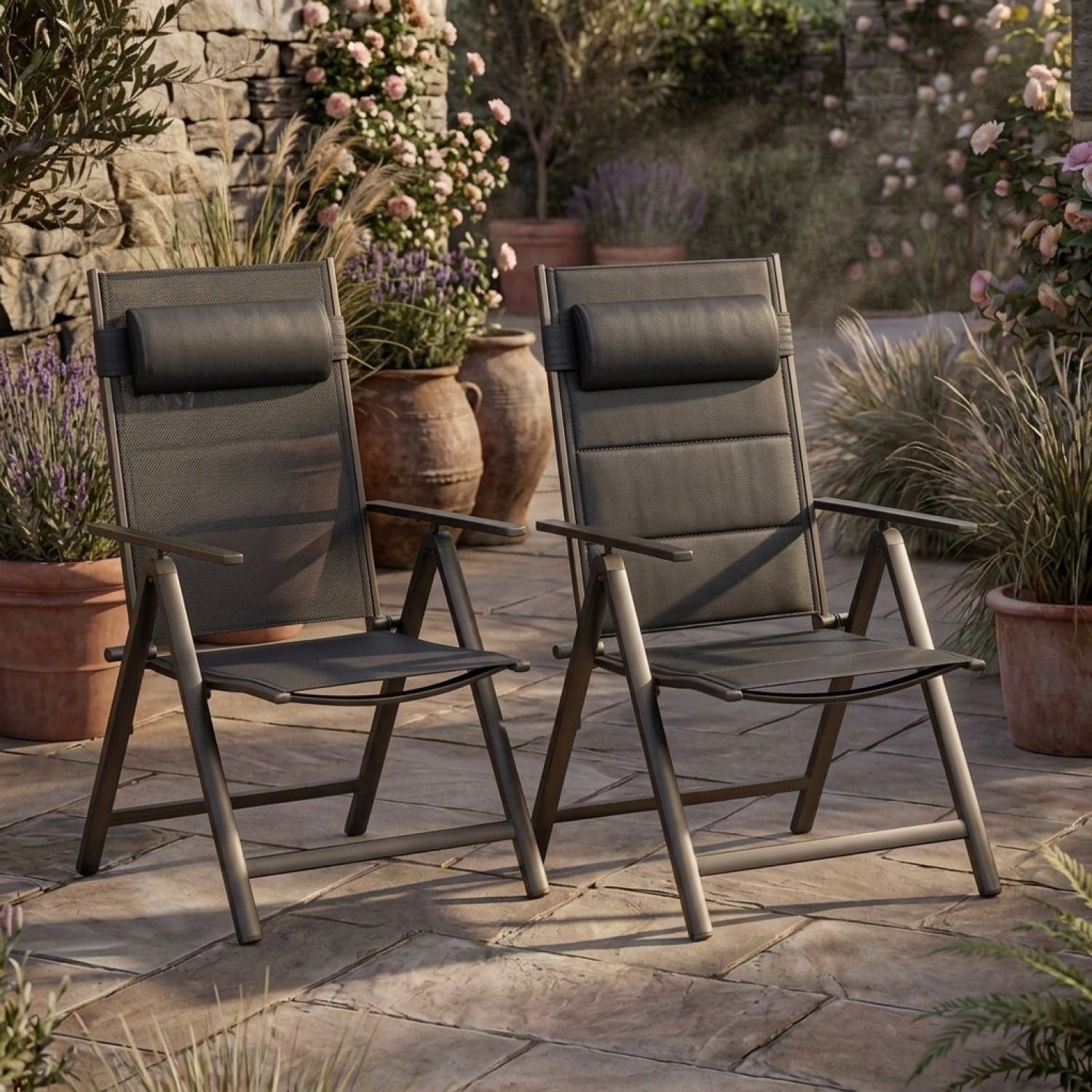 Image of Garden Chairs 2pcs Set, Foldable, Padded, Aluminum, 8-way Adjustable, 120 Kg Load Capacity, Weather-resistant, Outdoor, Balcony, Camping, High-back Folding Chair