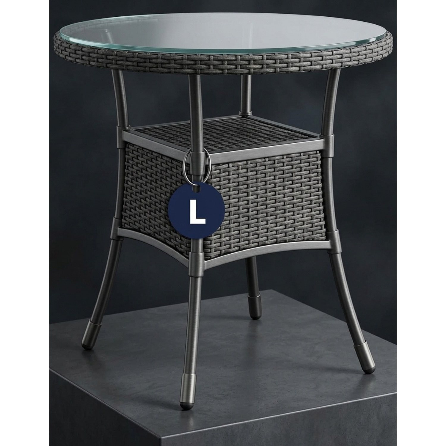 Image of Polyrattan Garden Table, 60cm Round, 5mm Safety Glass, Height Adjustable, 80kg Load Capacity, Weatherproof, For Terrace, Balcony, Side Table