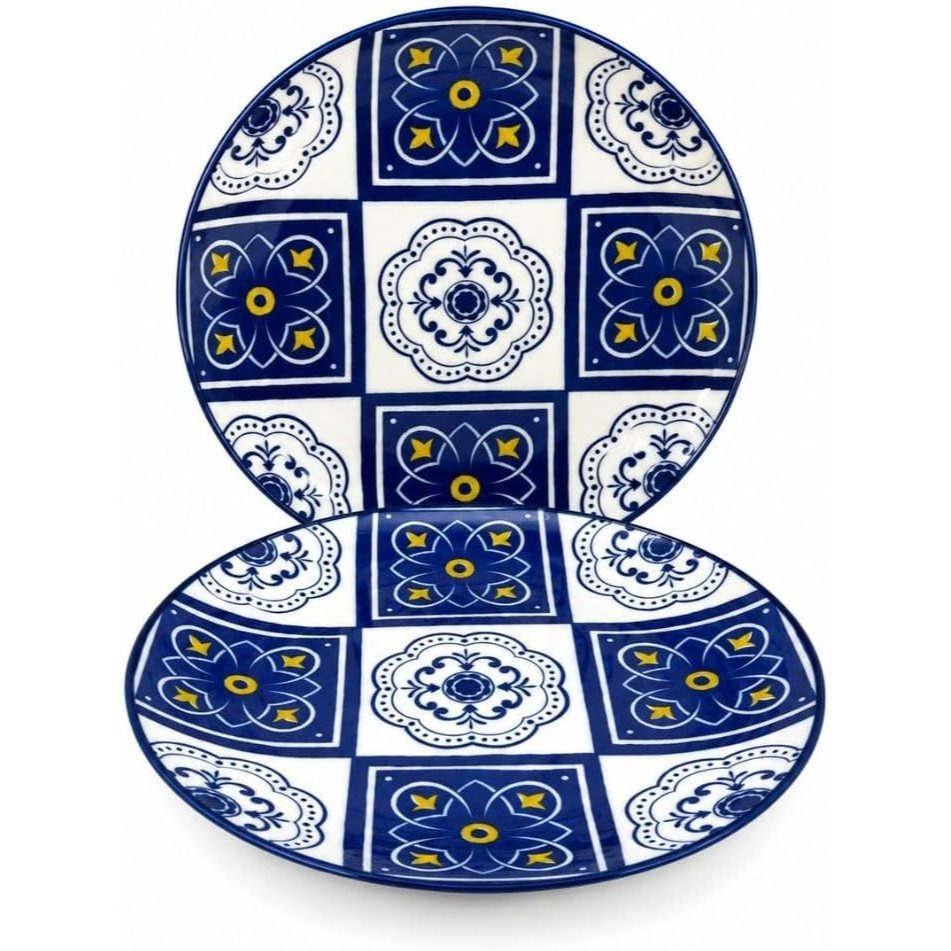 Cecaro Group Set Of 12 Decorated Blue And Yellow Ceramic Plates – 6 Dinner Plates Ø 23 Cm + 6 Deep Plates Ø 20 Cm – For 6 People