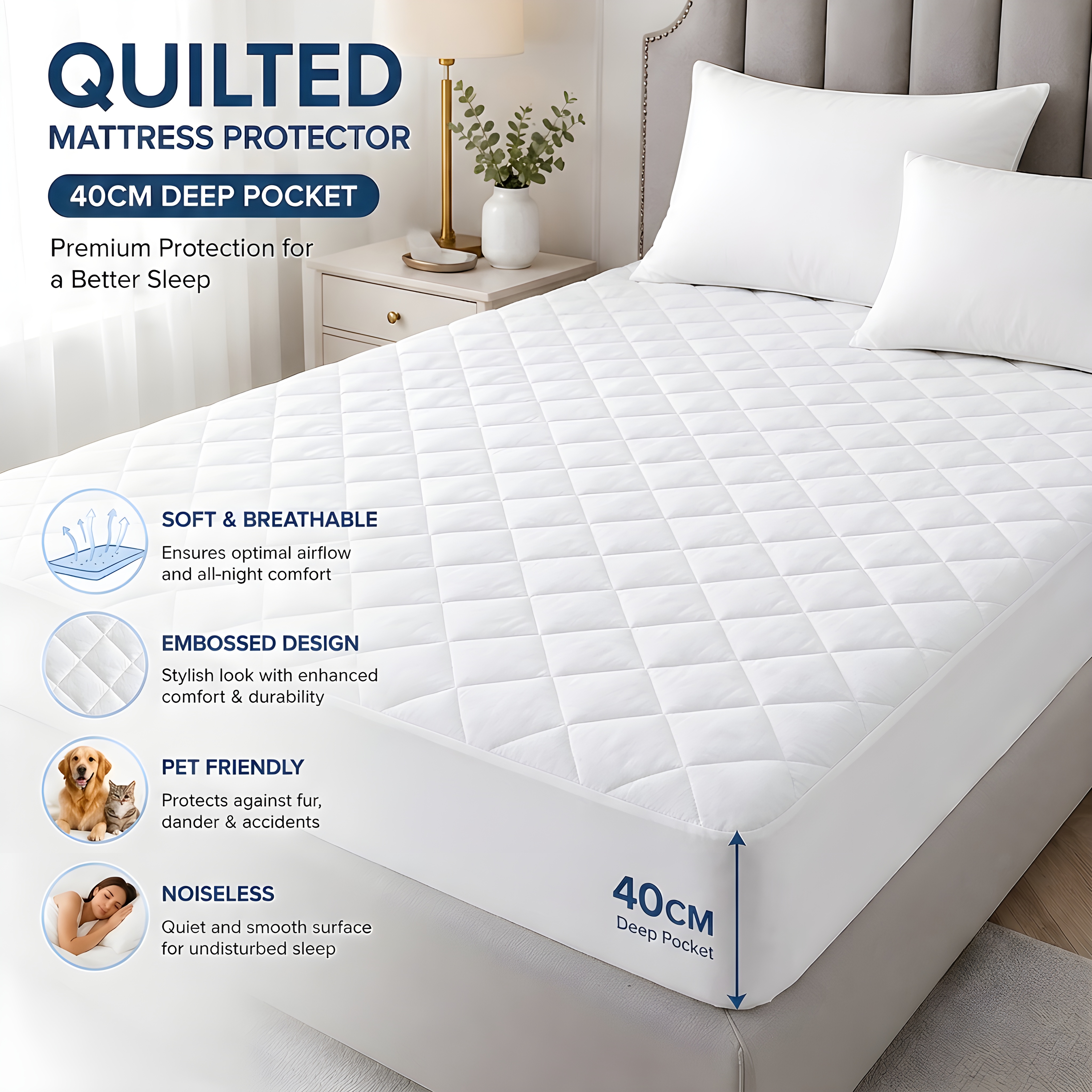 TEMU 1pc Quilted Mattress Protector 40cm Extra Deep , Soft & Breathable Microfiber Bedding, , Hotel-quality, Machine Washable, Single, Double, King &