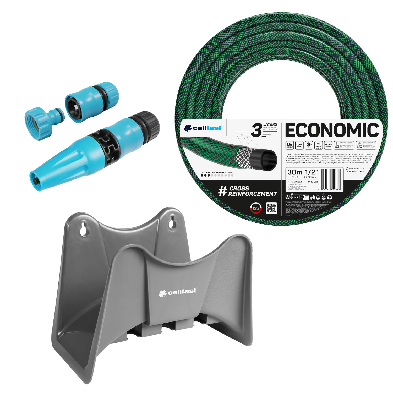 Cellfast Garden Hose 1/2" 30m + Cellfast Gray Hose Hanger + Cellfast /2" Straight Sprinkler Set