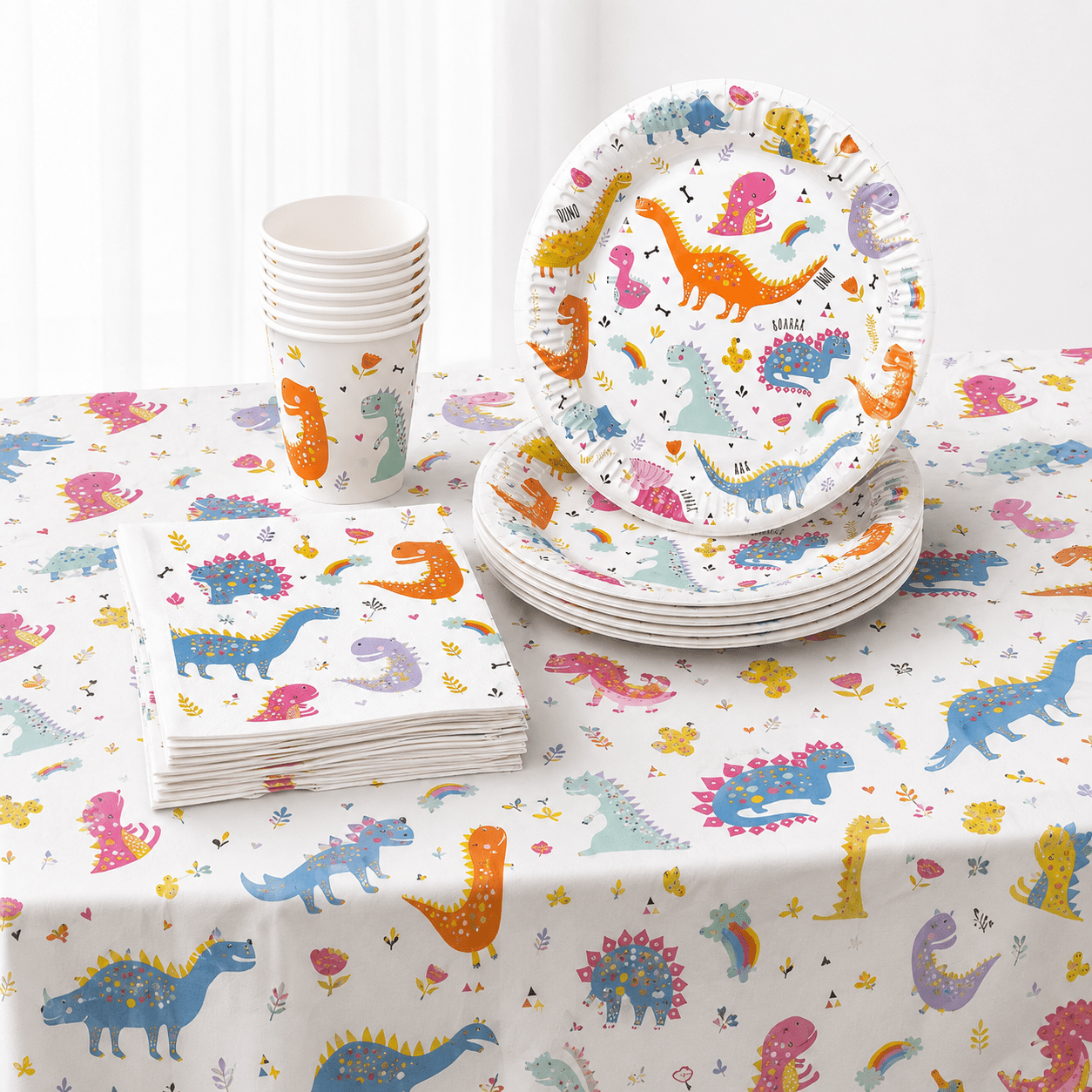 Image of Dino Party Set For 8 People, 45-piece With Tablecloth, Plates, Cups, And Napkins, Dinosaur Party Tableware For Birthdays, Bbq Parties, And Anniversaries