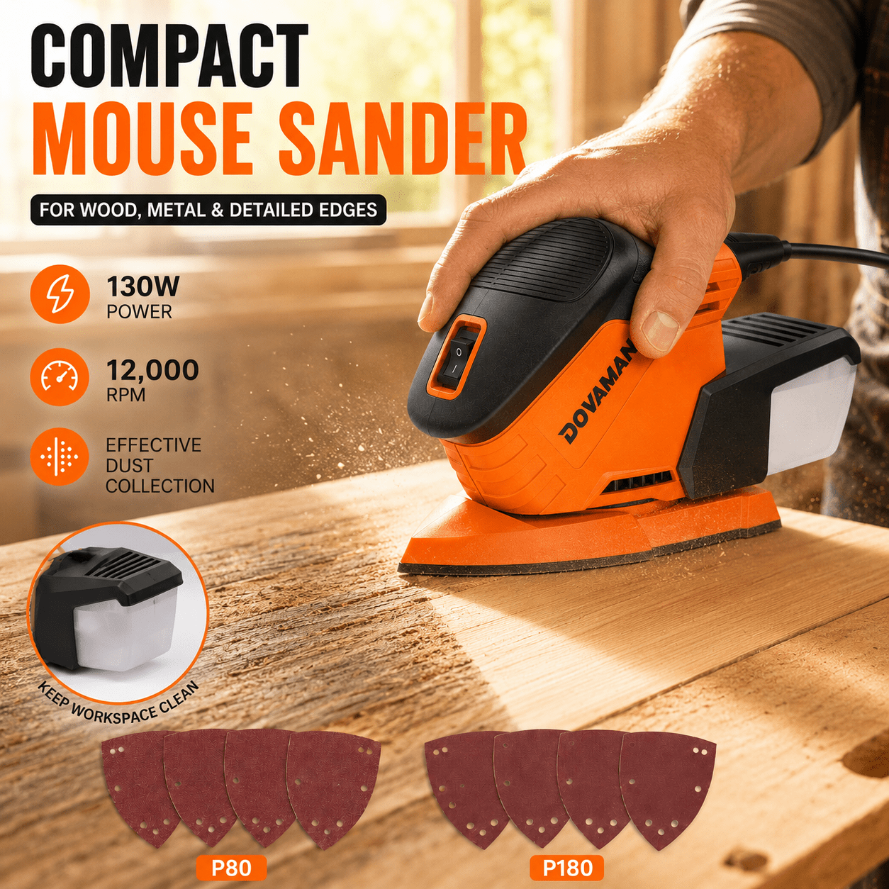 Image of Dovaman Effective Dust Collection Sanding, 130w Compact Mouse Sander With 8 Sandpapers, 12,000 Rpm For Wood, Metal & Detailed Edges.