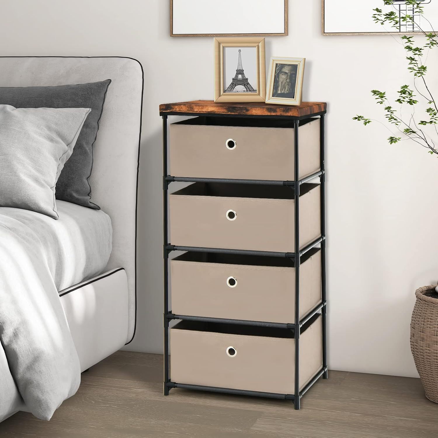 Image of Nightstand With Fabric Drawers, Side Table With Metal Frame, Storage Cabinet Fabric Dresser For Bedroom, Living Room, Hallway (brown, 4 Drawers)