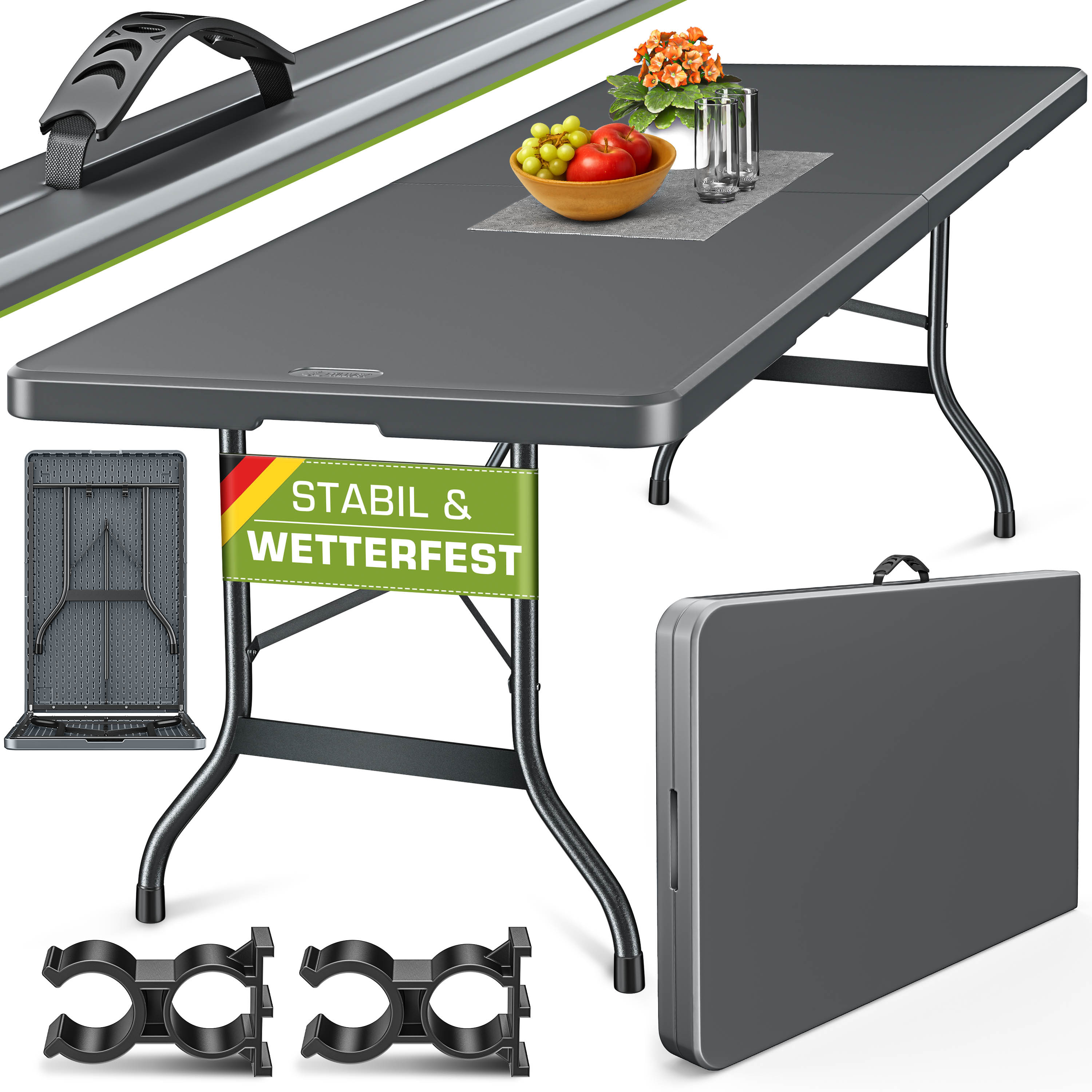 Tillvex® Foldable Garden Table 180x75cm Weatherproof Camping Table Buffet Table Plastic With Carrying Handle, Folding Table For Garden, Terrace, Camping, And Balcony, Party Table For 6 People