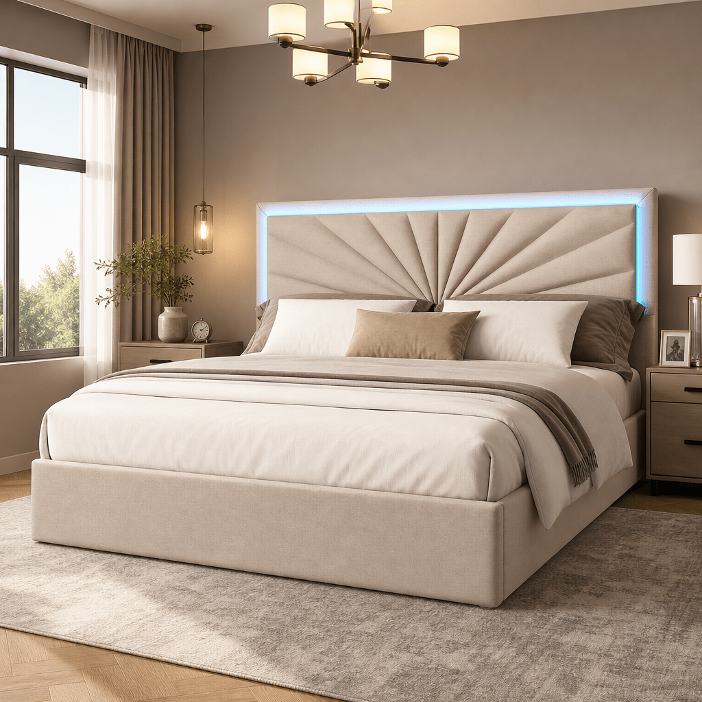 TEMU Lit tapissé double 160x200 cm beige : rangement intégré avec 4 tiroirs, éclairage LED et sommier à lattes en bois - Caluself dwasd