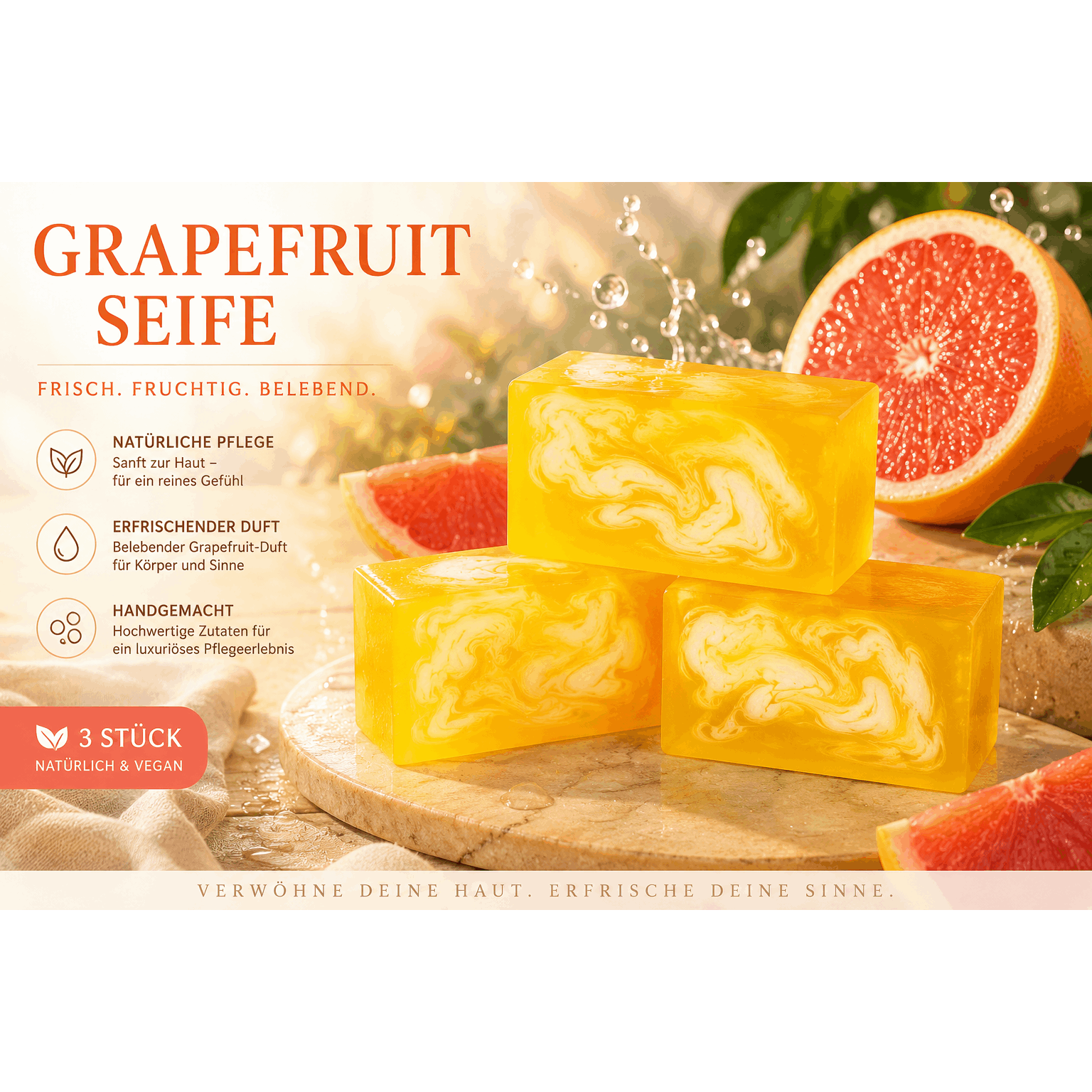 Image of Nesbel Grapefruit Soap – 3 Pieces, Sparkling & Fresh | Glycerin & Goat Milk (300 G)