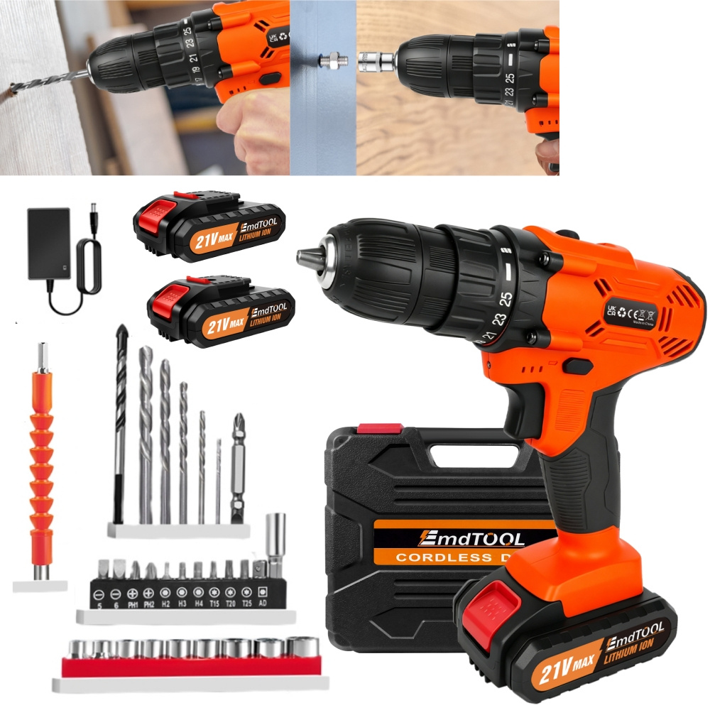 TEMU 21v Cordless Drill With 2 Batteries And Charger 25+1 Torque Small Cordless Drill Set With 45 Nm Torque Drilling Machine Hammer Drill With 10mm Led Light Carrying Case 29 Accessories