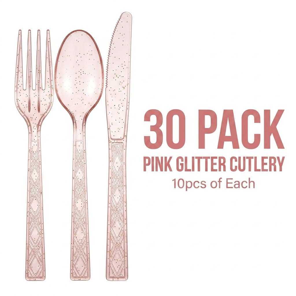 TEMU 30 Pack Glitter Plastic Cutlery Set | 10 Forks, 10 Knives, 10 Spoons | Party Flatware | Wedding, Birthday, Baby Shower Tableware — Choose Color: