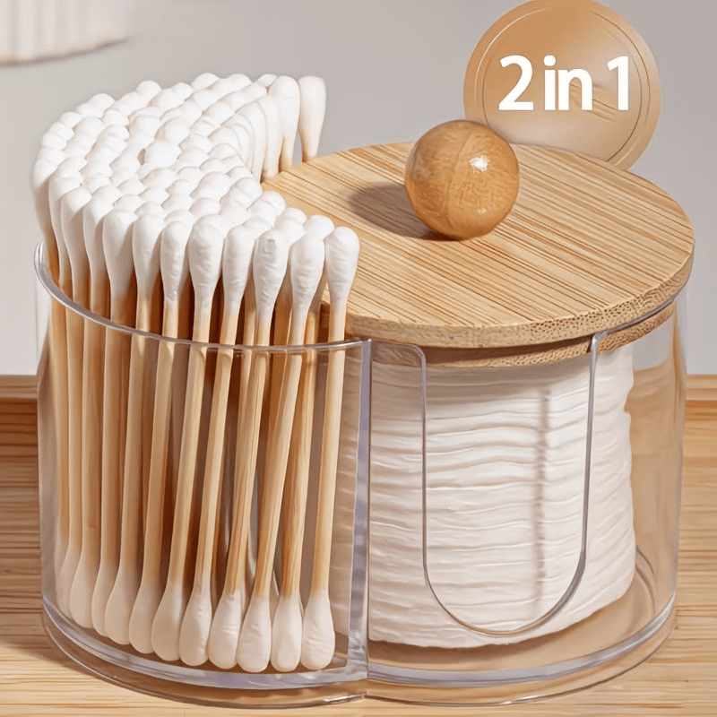 TEMU 1 Set (1 Storage Box + 30 Swabs), 2-in-1 Transparent Plastic Swab & Makeup Remover Pad Storage Box With Wooden Lid - Dual-hole Round Organizer