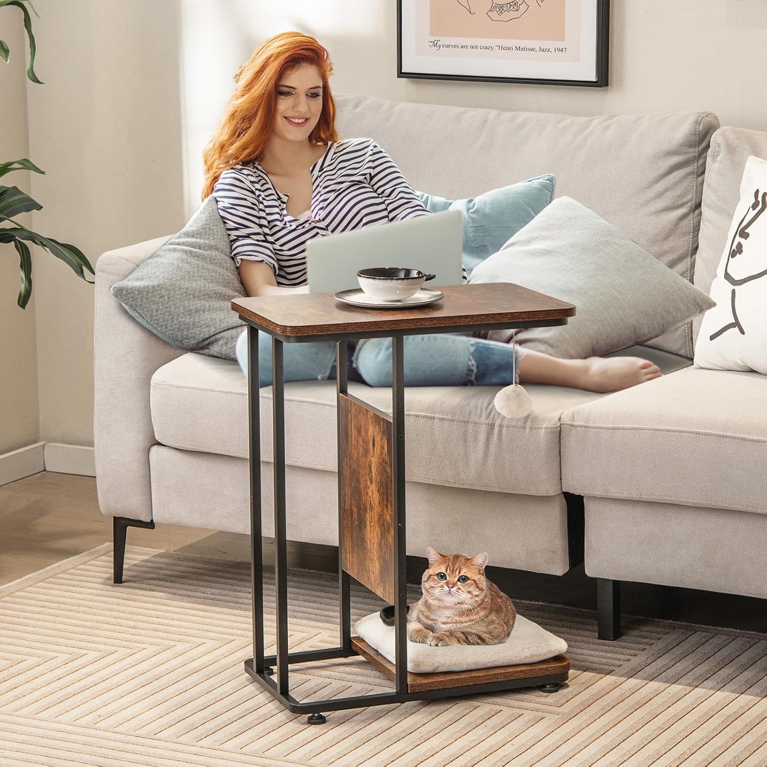 Image of Side Table With Sisal Scratching Board, 4in1 Cat Furniture With Removable Cushion And Ball, Scratcher