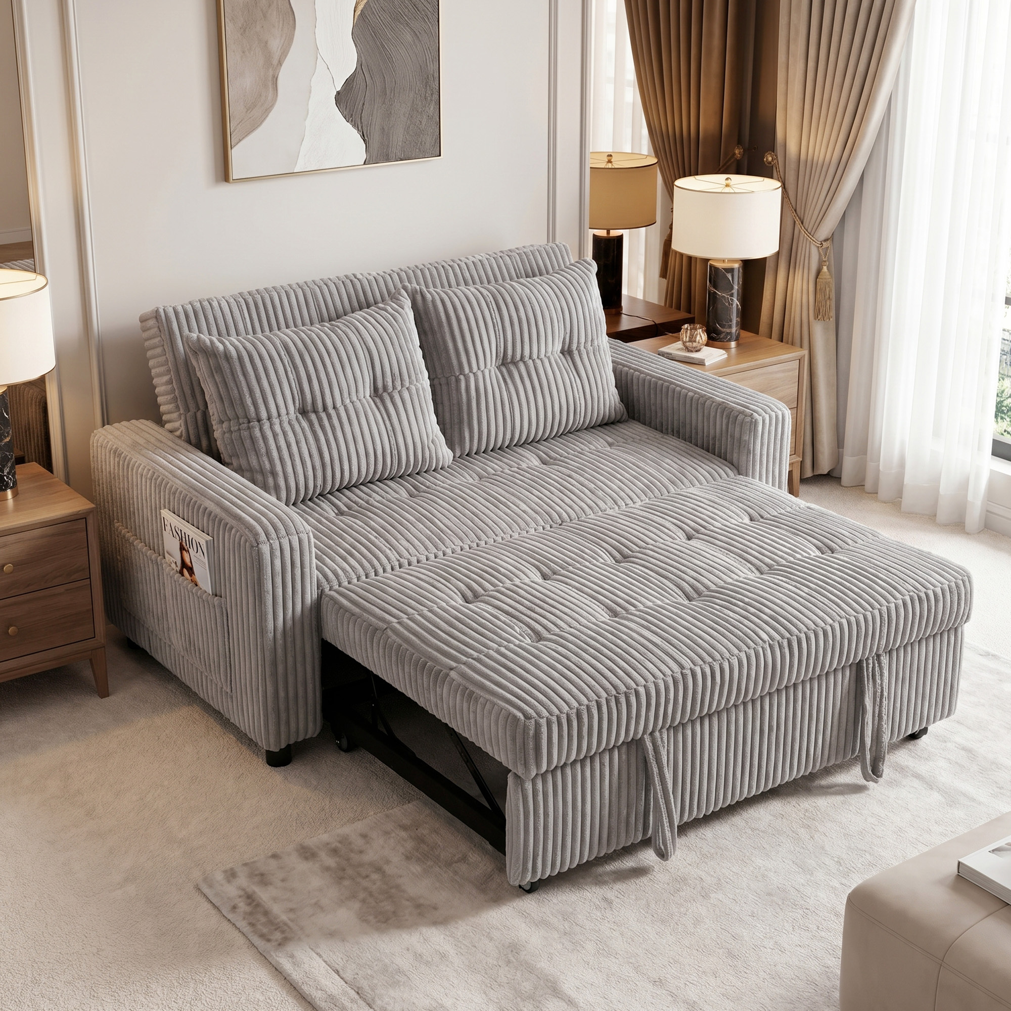 Image of Sofa Bed With Sleeping Function 190 X 157 Cm, 3-level Adjustable Backrest, Couch Sleeper Sofa With Pillows, Corduroy Look, And Side Pocket For Living Room, Light Grey
