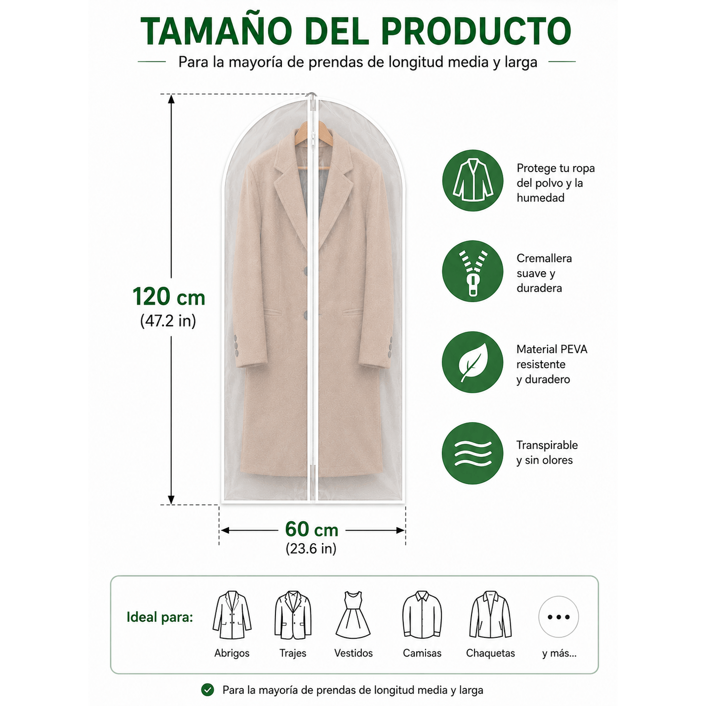TEMU 2 para ropa con Cremallera 60*80cm / 608*120cm,PEVA , antipolvo para Abrigos ,Trajes,Vestido,Y Camisas , Reutilizable