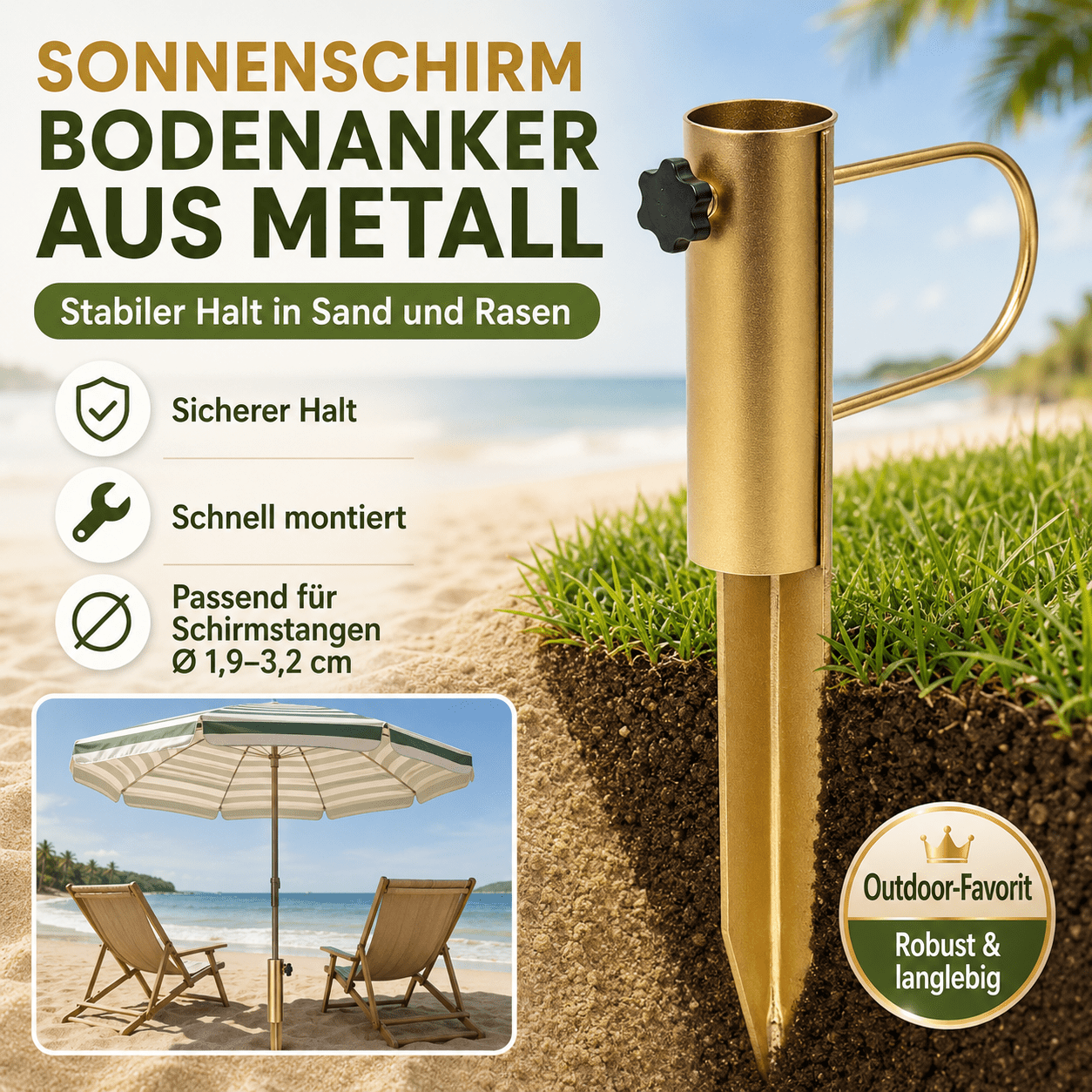 Image of Metal Sunshade Holder, Golden-colored Floor Anchor With Handle And Rotary Knob, Lawn Spike For Beach, Garden, Camping, Sand And Lawn, Suitable For Pole Diameters Ø 1.9-3.2 Cm, 1/2 Set