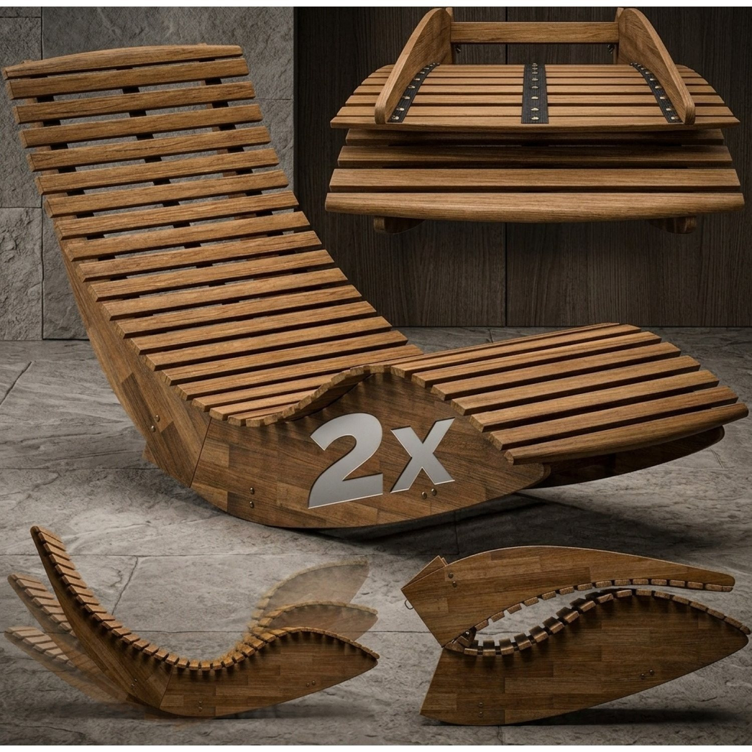Image of 2x Folding Wooden Sun Lounger 160kg Load Capacity Acacia Garden Balcony Sauna Bed Wooden Relaxation Bed 195x60cm