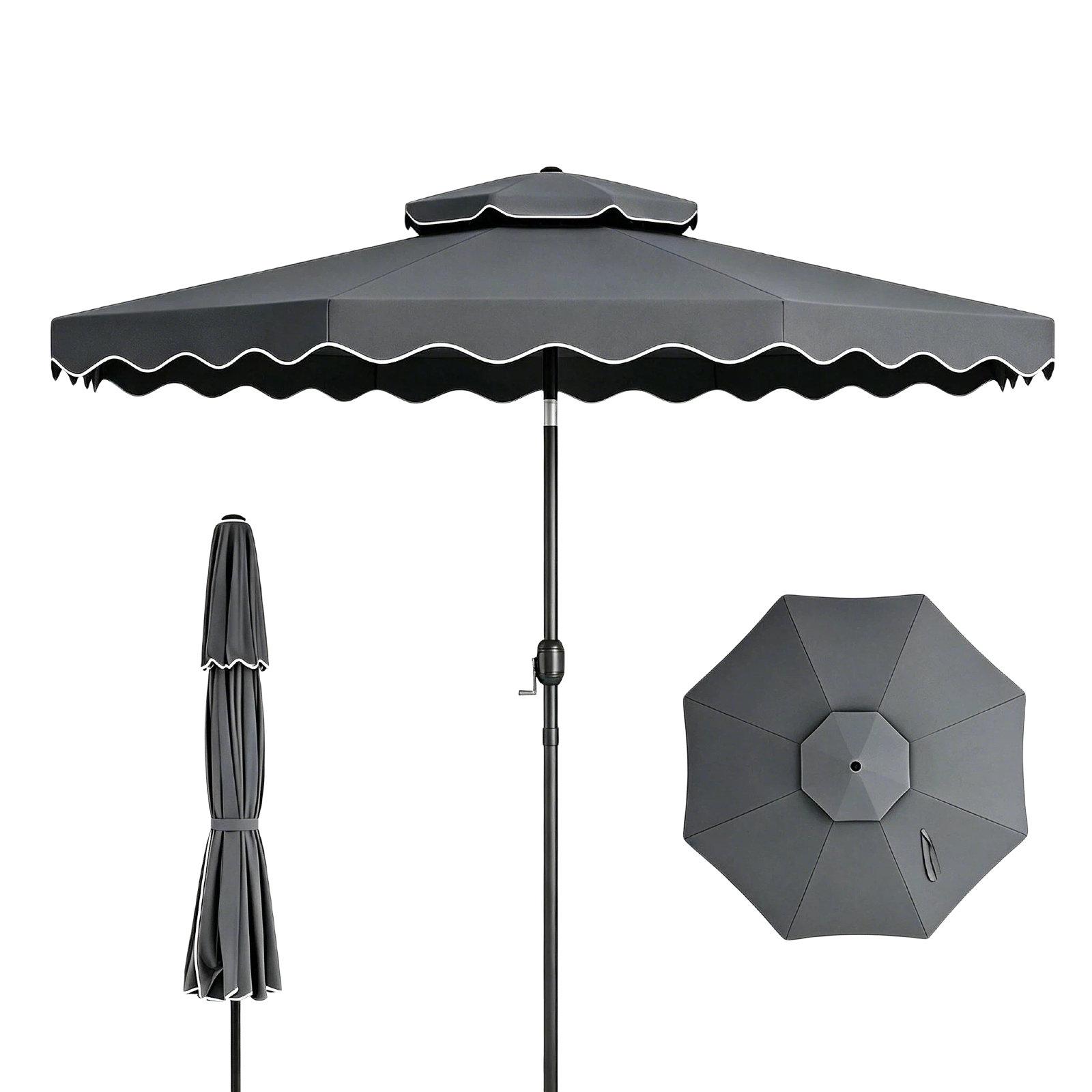 10 Ft Patio Umbrella With Ruffle, Umbrella With Push Button Tilt, Crank, 2-tier Vented Top, 8 Metal Ribsgray