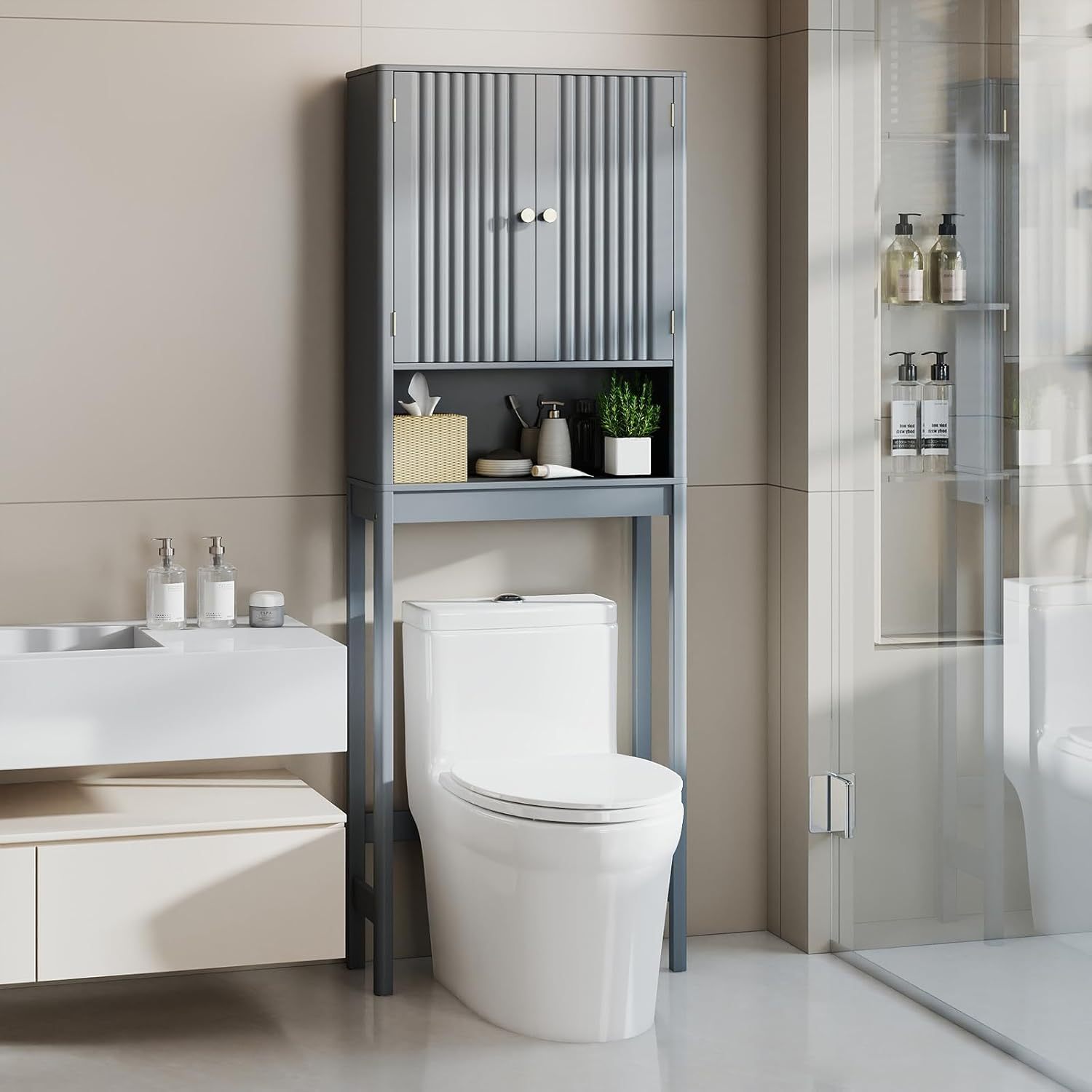 Toilet Shelf, Furniture Above The Toilets With Adjustable Shelves, Toilet Wardrobe With 2 Doors And Open Shelf, 60 Cm