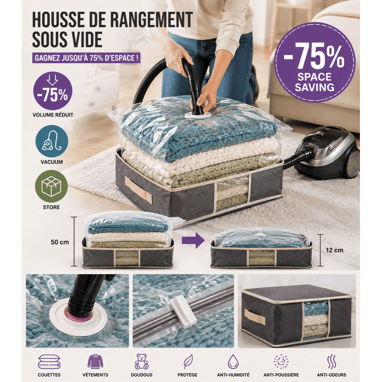 Storage Box Under Vacuum 40 X 40 X 25 Cm With Compression Bag – Up To 75% Space – Compatible With All Vacuum Cleaners