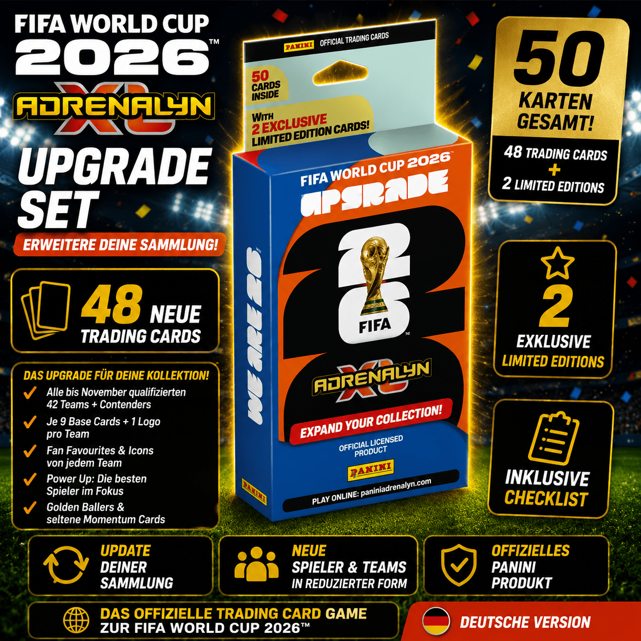 Image of Panini Fifa World Cup 2026 Adrenalyn Xl Upgrade Set - 50 Cards & 2 | Official Fifa Trading Cards