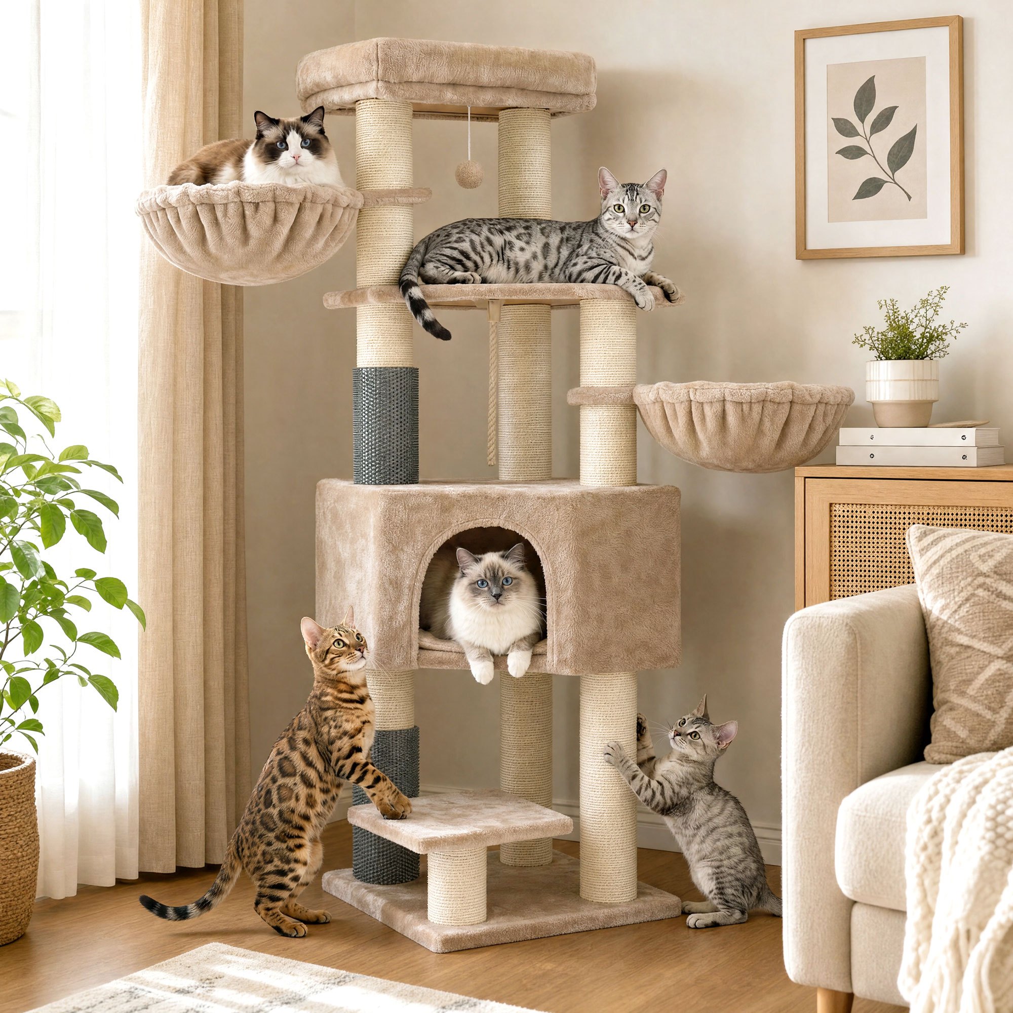 Cat Scratching Post With Warm Blankets, Cat Tree, 2 Cat Brushes, Large Platforms, Brown, 50 X 50 X 160 Cm