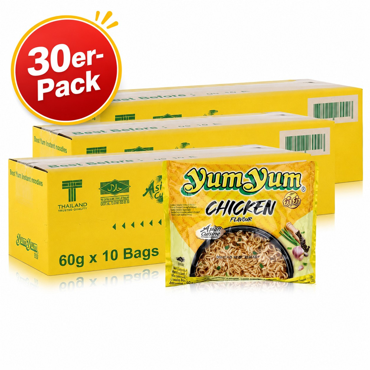 Yumyum Instant Noodles With Chicken Flavor, 30 X 60g – Quick, Spicy Meal For On-the-go