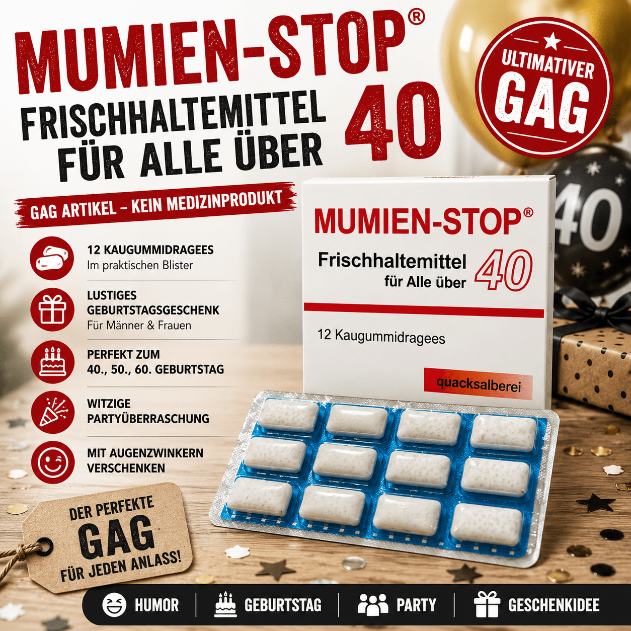 Image of Mummy-stop Joke Item For Everyone Over 40 - 12 Chewing Gum Tablets In A Blister Pack - Funny Birthday Gift For 40th, 50th Or 60th Birthday - Humorous Gift Idea For Men And Women