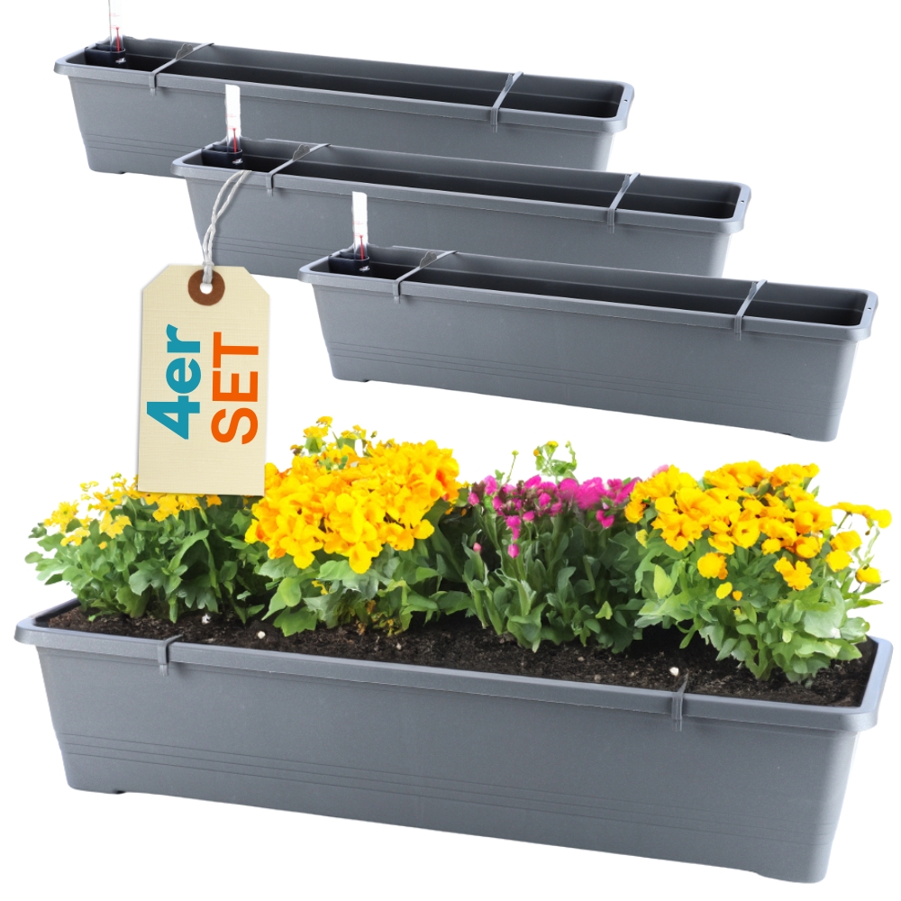 Image of 4pcs Set Of Flower Boxes With Water Reservoir, Window Sill Planter, Outdoor Water Level Indicator, Watering Trough, 80 Cm