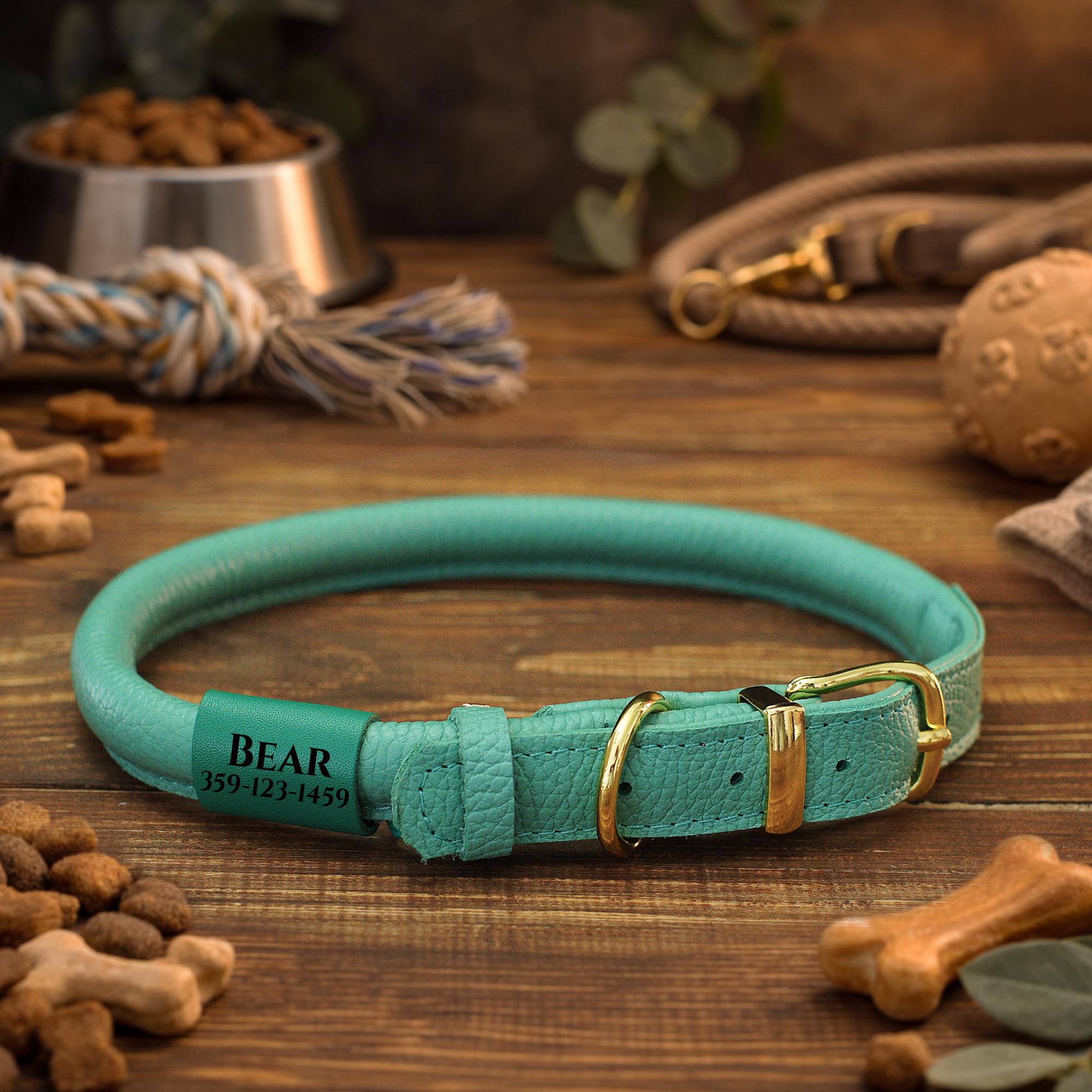 Personalized Rolled Leather Dog Collar With Custom Engraved Id Bead - Anti-tangling Round Pet Collar For Long Haired Dogs - Heavy Duty & D-ring - 5 Adjustable Sizes For Small Medium Large Xl Dogs