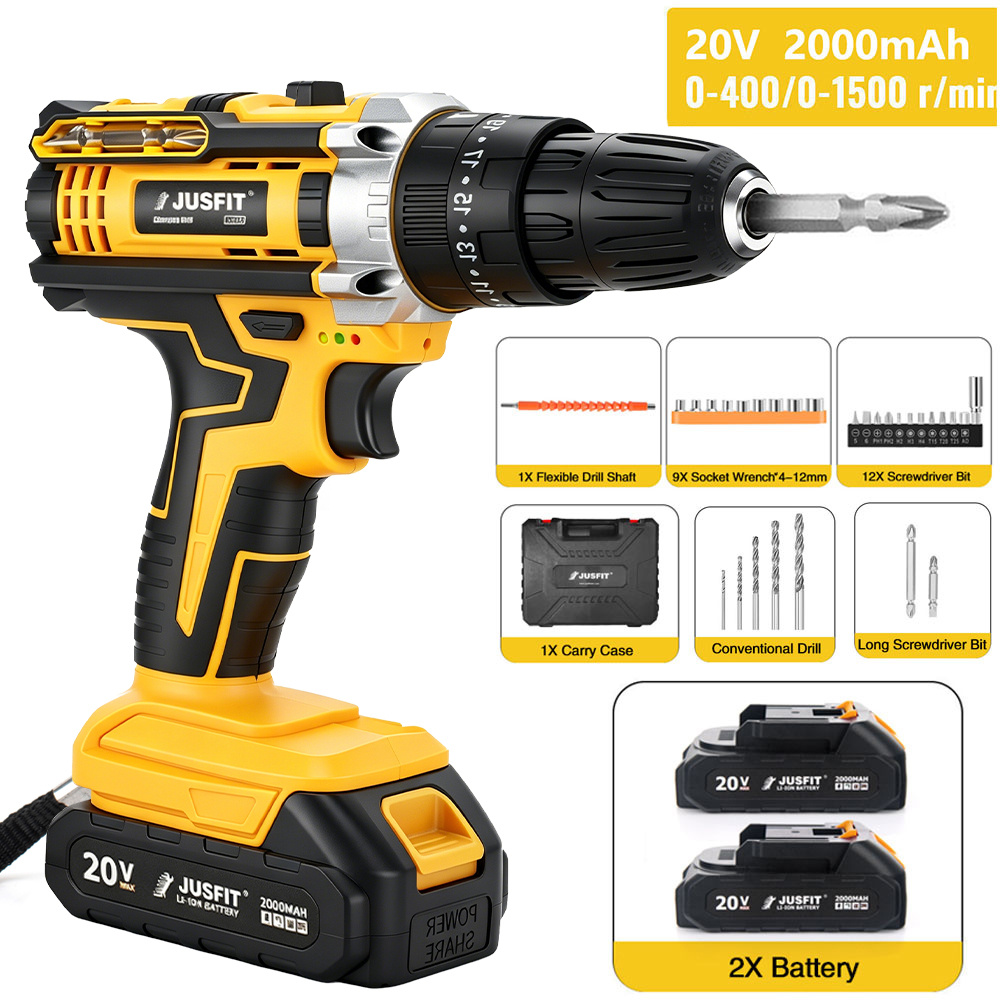 TEMU Cordless Hammer Drill Set, High Torque, 2pcs 2000mah Batteries, 1/2" Heavy-duty Drill Driver With Variable Speed For Woodworking, Metal