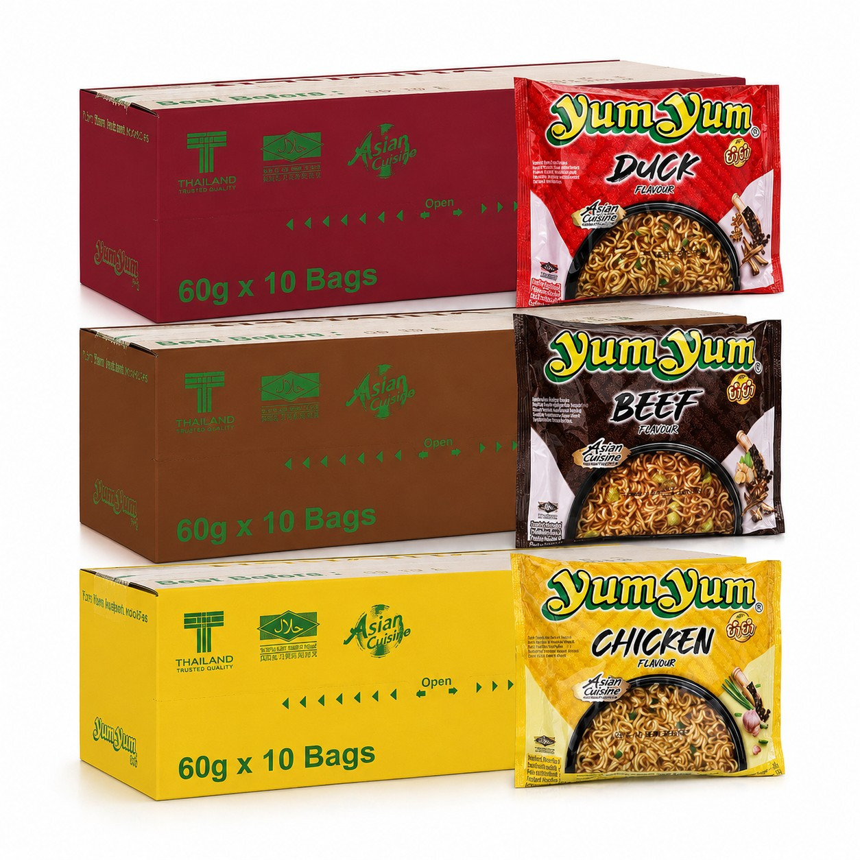 Yumyum Instant Noodle Soup Mix (30×60g) - Duck, Beef, Chicken; Quick Preparation & Portion Packs