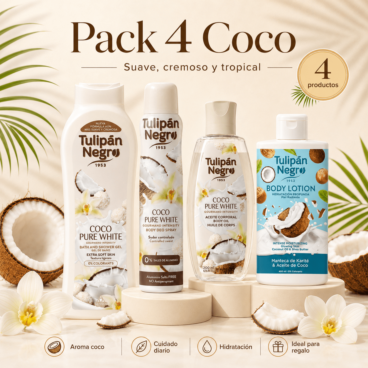 Coconut Pack Of 4: Shower Gel, Deodorant, Oil, And Body Lotion