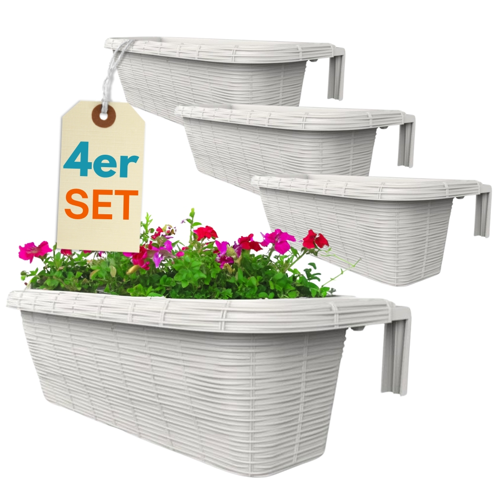 4-piece Set Flower Box For Balcony Railing With Bracket, Balcony Planter With Water Reservoir, Rattan Look, White, 60 Cm