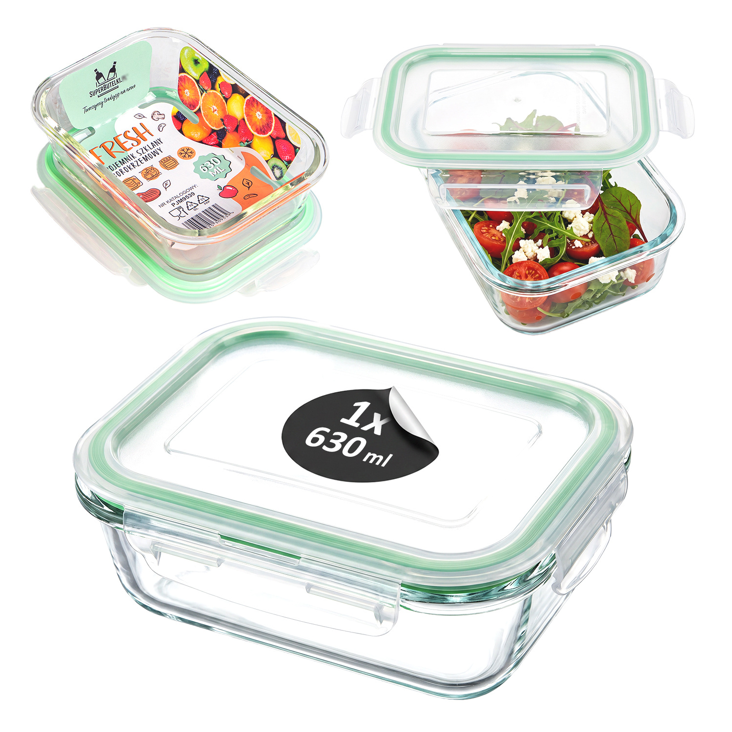 Airtight Rectangular Glass Container, 630 Ml, For Storing Food, Desserts, Or As A Lunchbox: retailer-supplied image