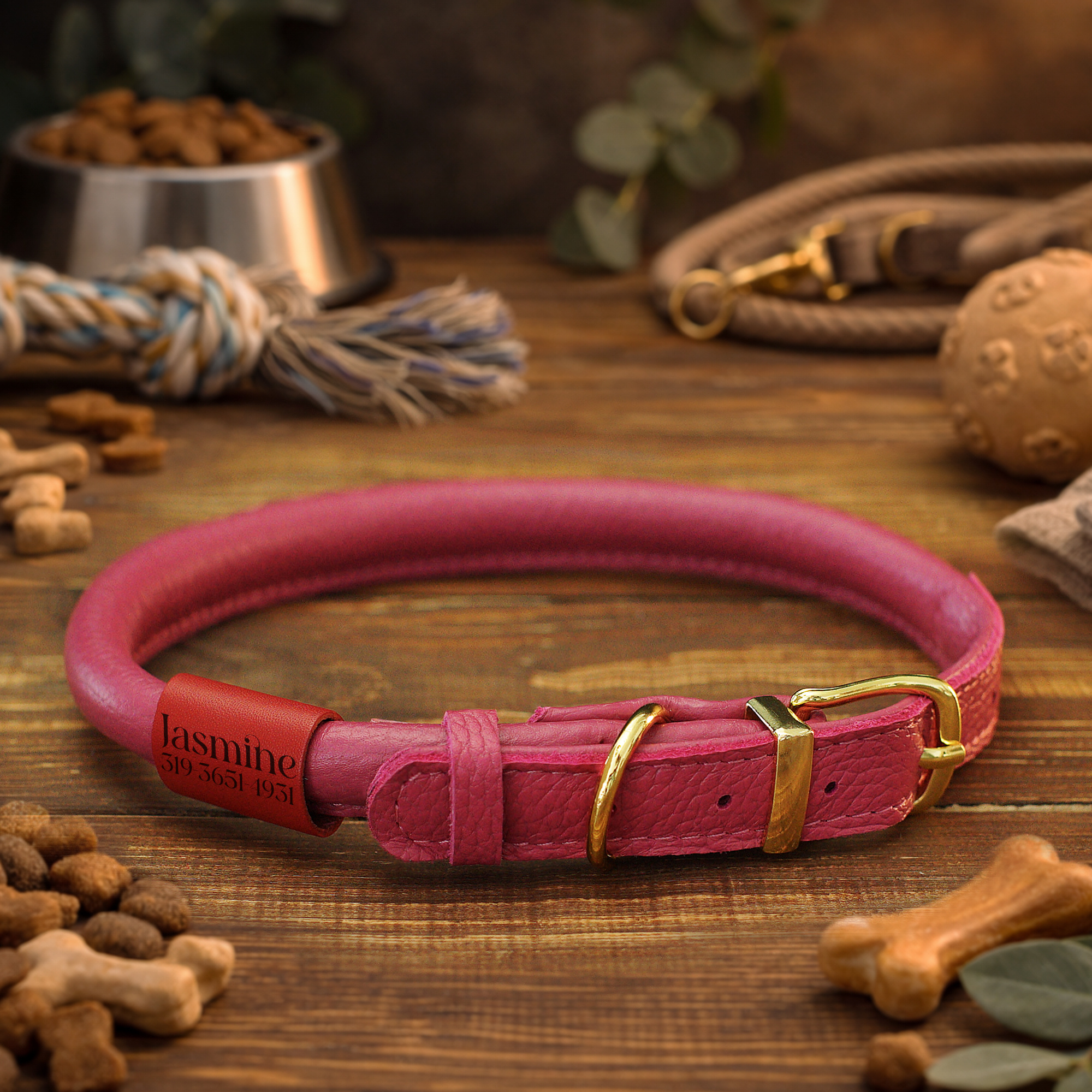 Personalized Rolled Leather Dog Collar With Custom Engraved Id Bead - Anti-tangling Round Pet Collar For Long Haired Dogs - Heavy Duty & D-ring - 5 Adjustable Sizes For Small Medium Large Xl Dogs