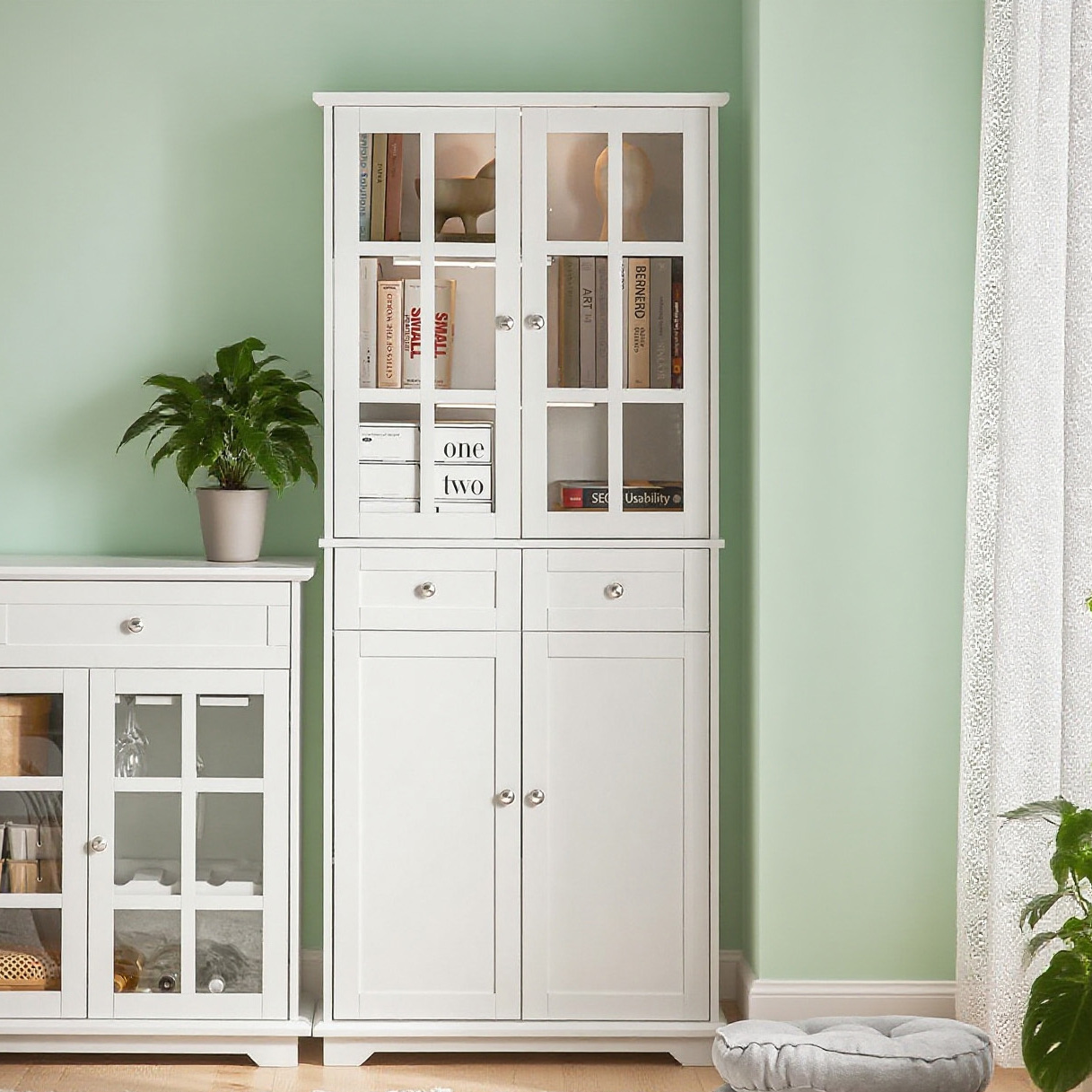 Image of Kitchen Cabinet Buffet High Storage Furniture With 2 Drawers 6 Compartments Large Storage Space For Kitchen Dining Room Bathroom Living Room White 76x175x40cm Sobuy, Fsb76-w