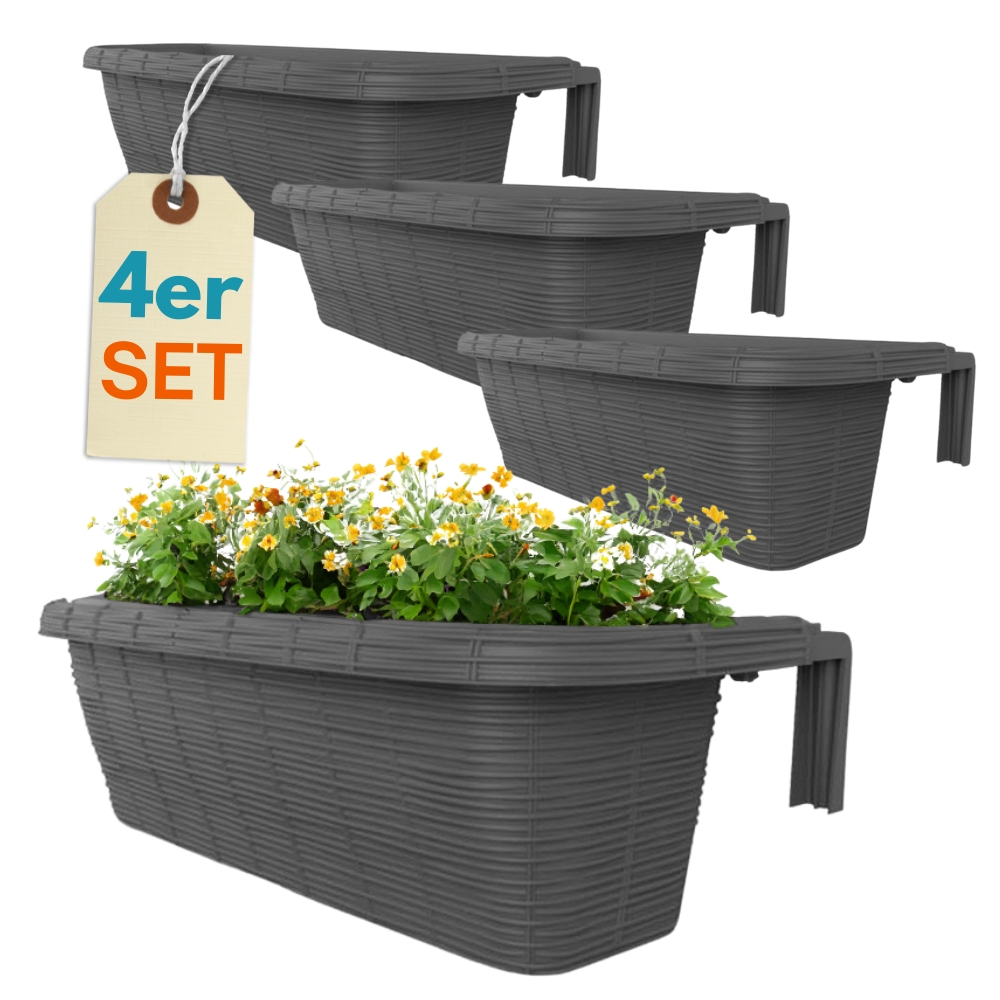 4-piece Set Balcony Flower Box With Railing Bracket, Balcony Planter With Water Reservoir, Rattan Look, , 60 Cm